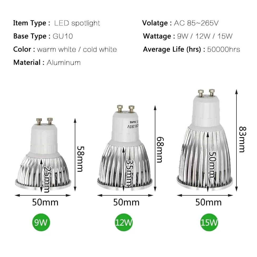 Luci, Confezione da 10, Lampadina LED COB AC85-265V GU10/E27 3w/5w/7w/10w, Sorgente Luminosa, faretto in Alluminio Senza sfarfallio, lampadine per Uso Domestico