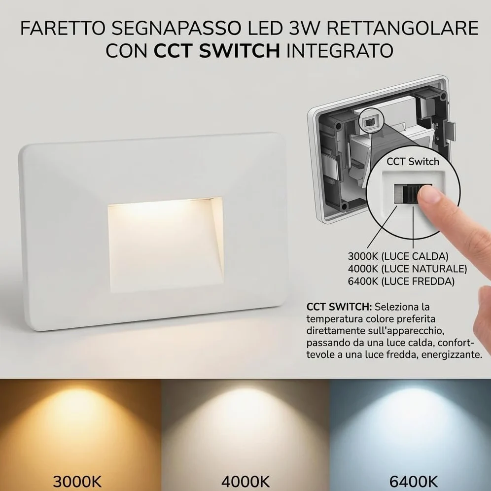 MAKA Faretto Segnapasso LED 3W IP65 da Parete 220V CCT Switch 3000K-6400K 270lm Rettangolare Luce Scala Interno Esterno Illuminazione Segnapasso Moderna (5 Pezzi)