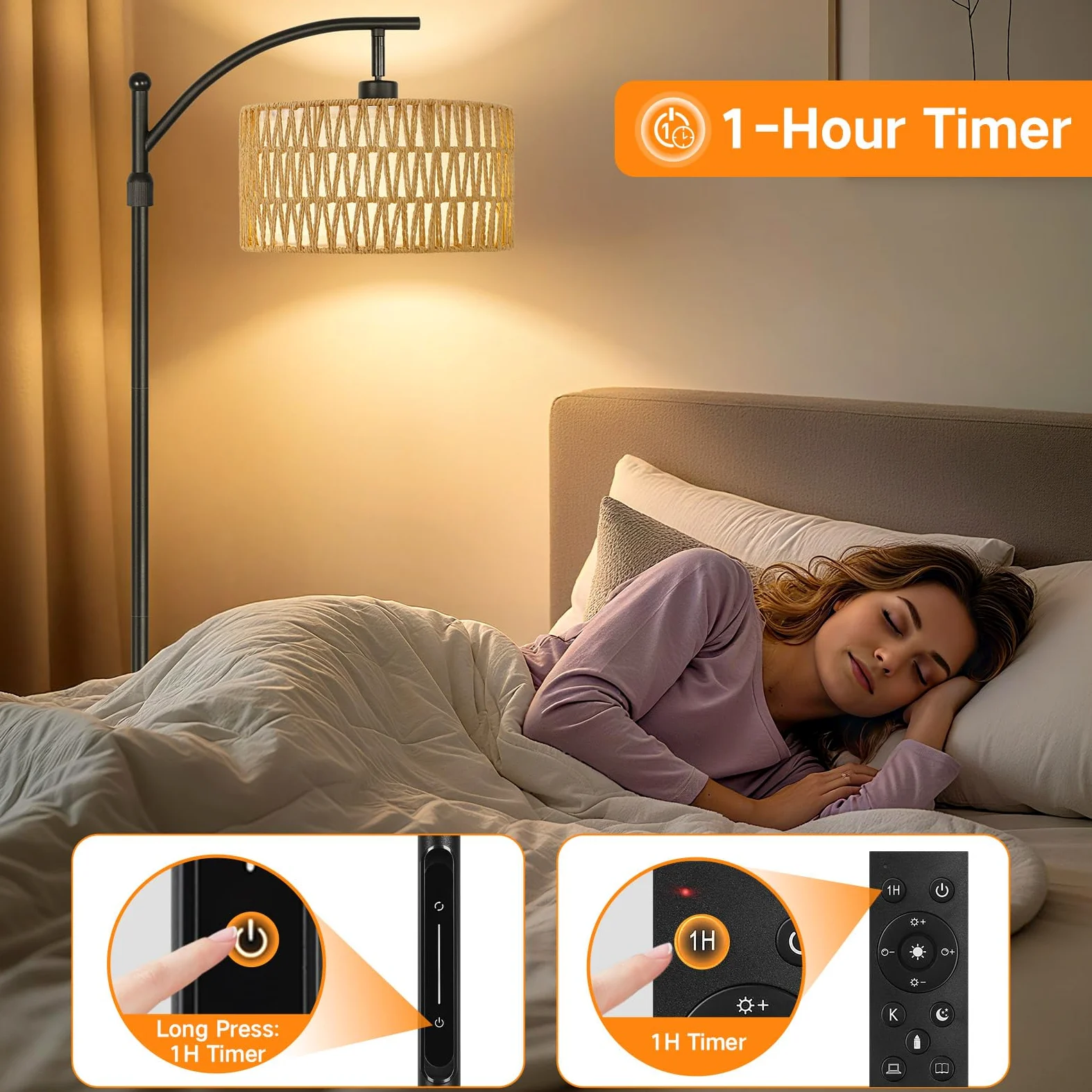 OUTON Lampada da Terra in Rattan, Lampada ad Arco Dimmerabile con App, Telecomando e Comando Touch, 4 Temperature di Colore, 2 Paralumi, Piantana LED da 12W per Soggiorno, Camera, Ufficio, Nero