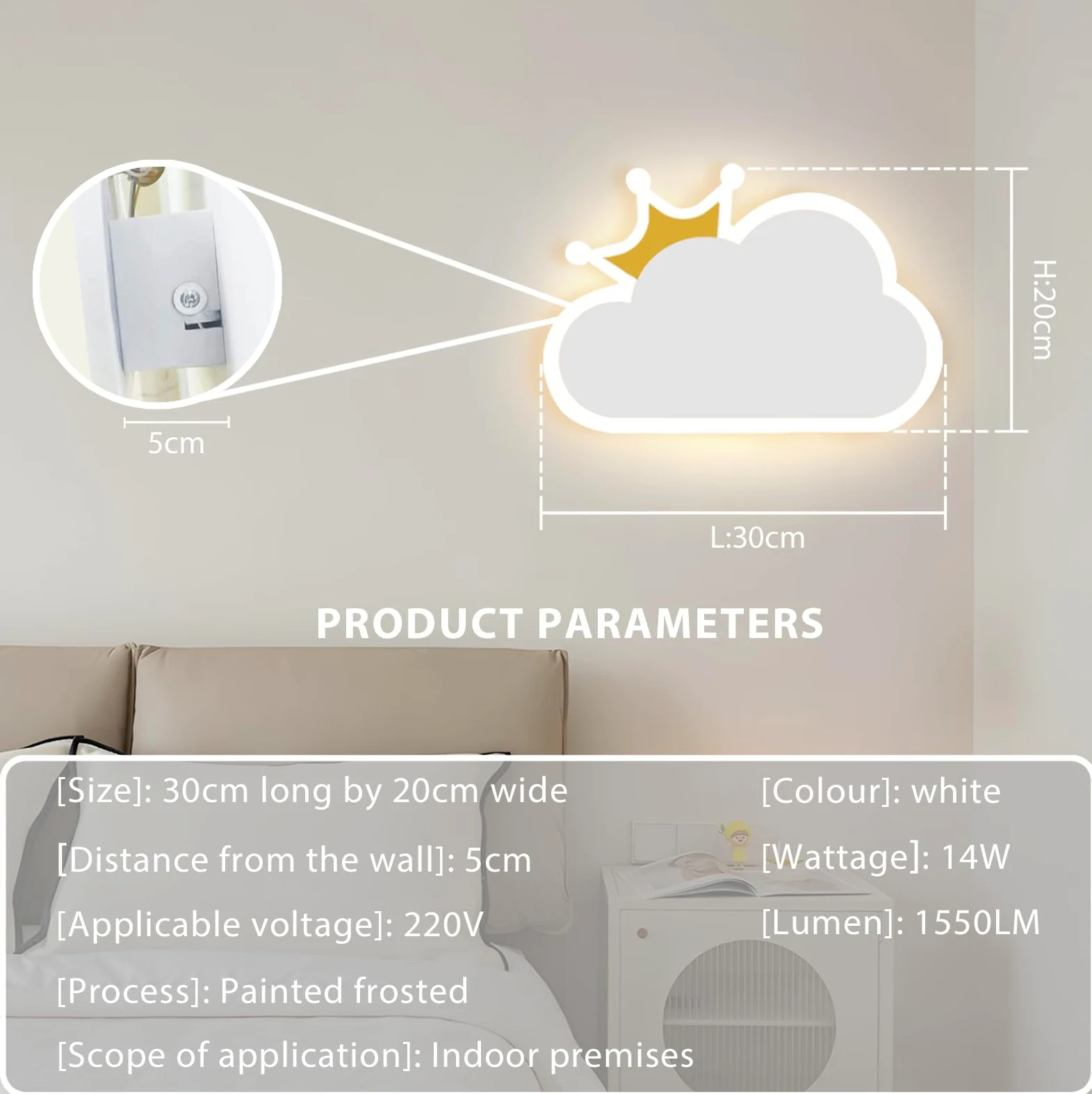 Applique da Parete Interno 14W 1550LM Lampada da Parete Interno a Forma di Nuvola,Bianco Caldo Bianco Neutro Bianco Freddo Tricolore, 220V Applique Cameretta Bambina (Bianco