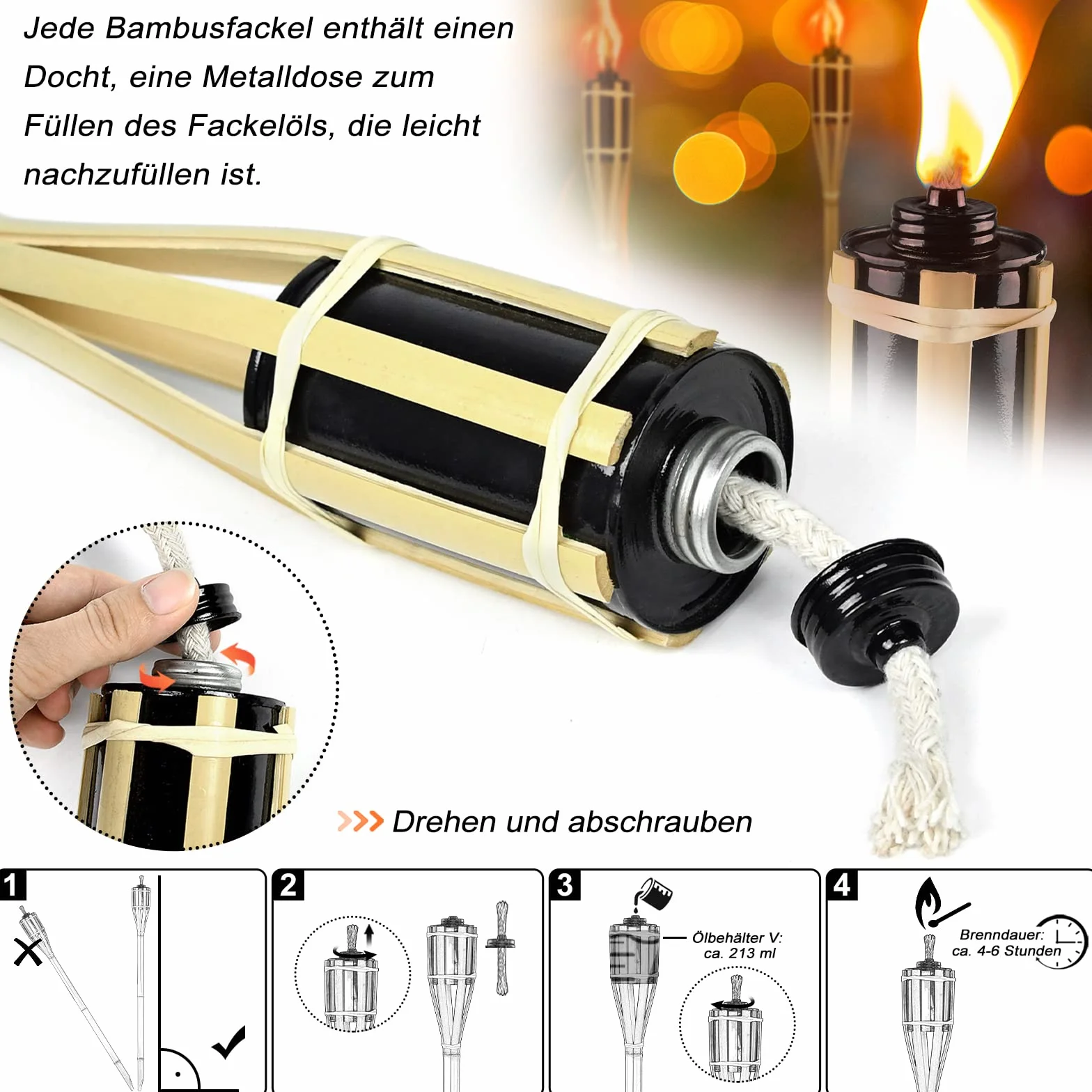 UISEBRT Set da 24 Fiaccole per Giardino, Torce da Giardino per Esterni, Fiaccola ad Olio in bambù con Stoppino, Torce a Olio Decorative, Accensione ad Olio, Altezza: 90 cm