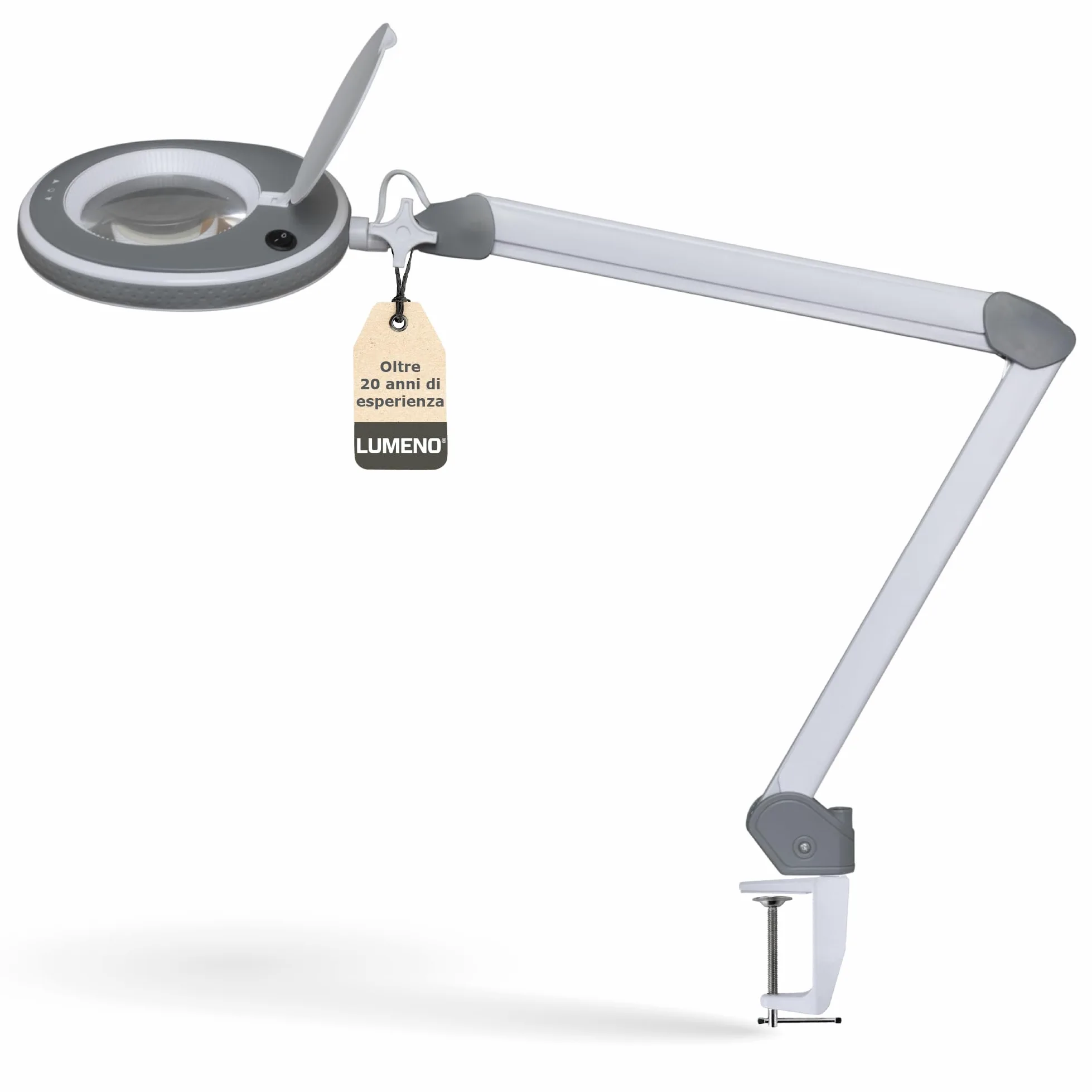 Lumeno 8215GR Lampada d'ingrandimento a LED Lampada da lavoro e estetista, livelli di luminosità regolabili, lente in vetro cristallino da 127 mm, ausilio alla lettura/ingranditore, 5 diottrie