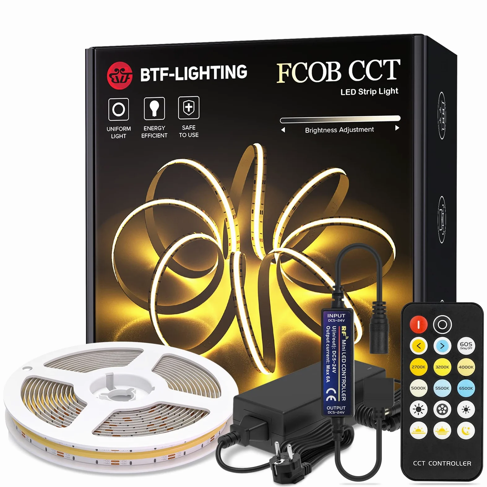 BTF-LIGHTING FCOB COB FOB CCT 24V Kit Flessibile Alta Densità 640LED/m 5M Regolatore Dimmerabile RF Tunable CT 3000K-6000K CRI>90 Strisce LED per Camera da Letto Cucina Casa con Adattatore