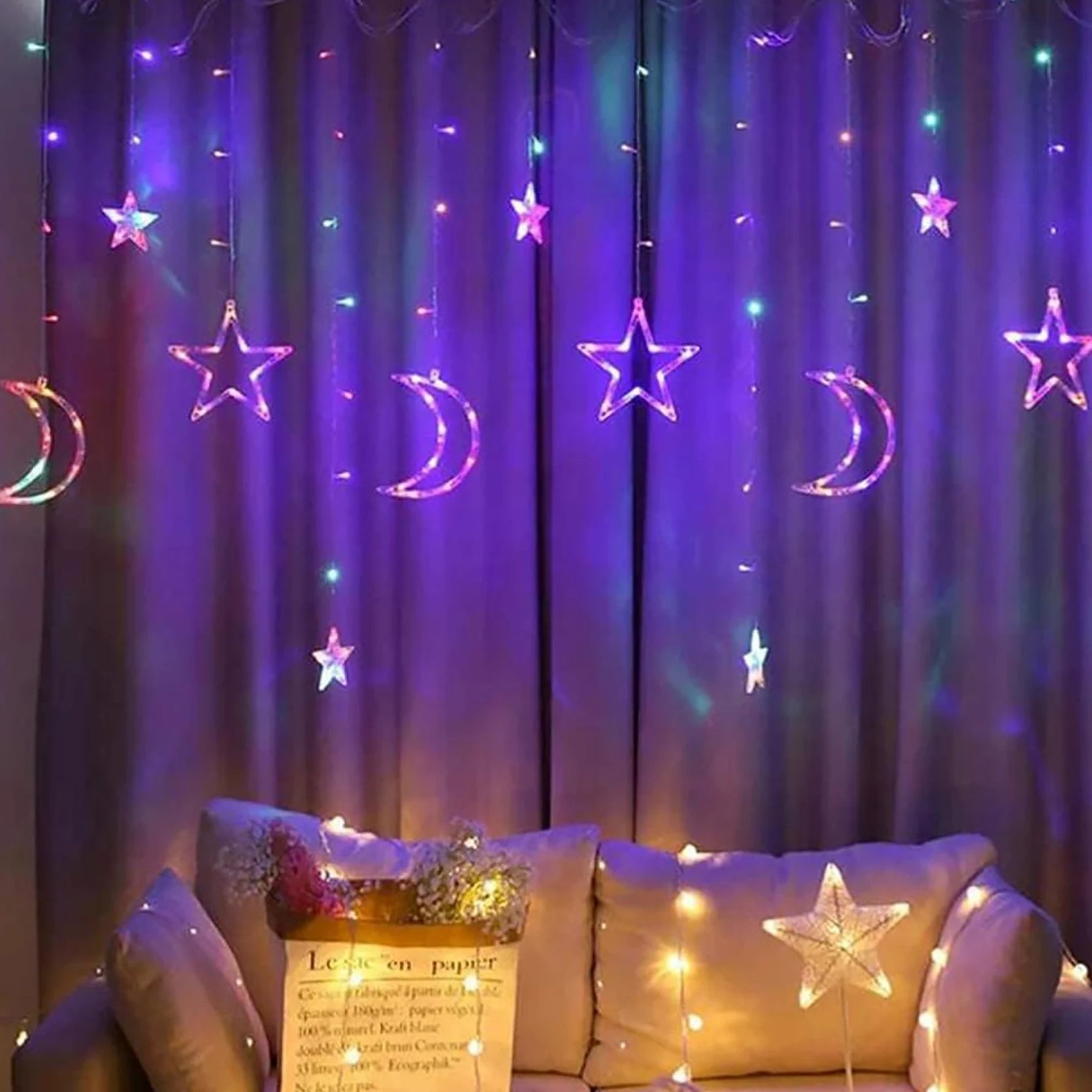 Tenda Luci LED Solare 138 LED Impermeabile Stella Luna Tenda Luminosa con Telecomando, 8 Modalità Illuminazione per Natale, Feste, Compleanno, Matrimoni, Finestra (Multicolore)