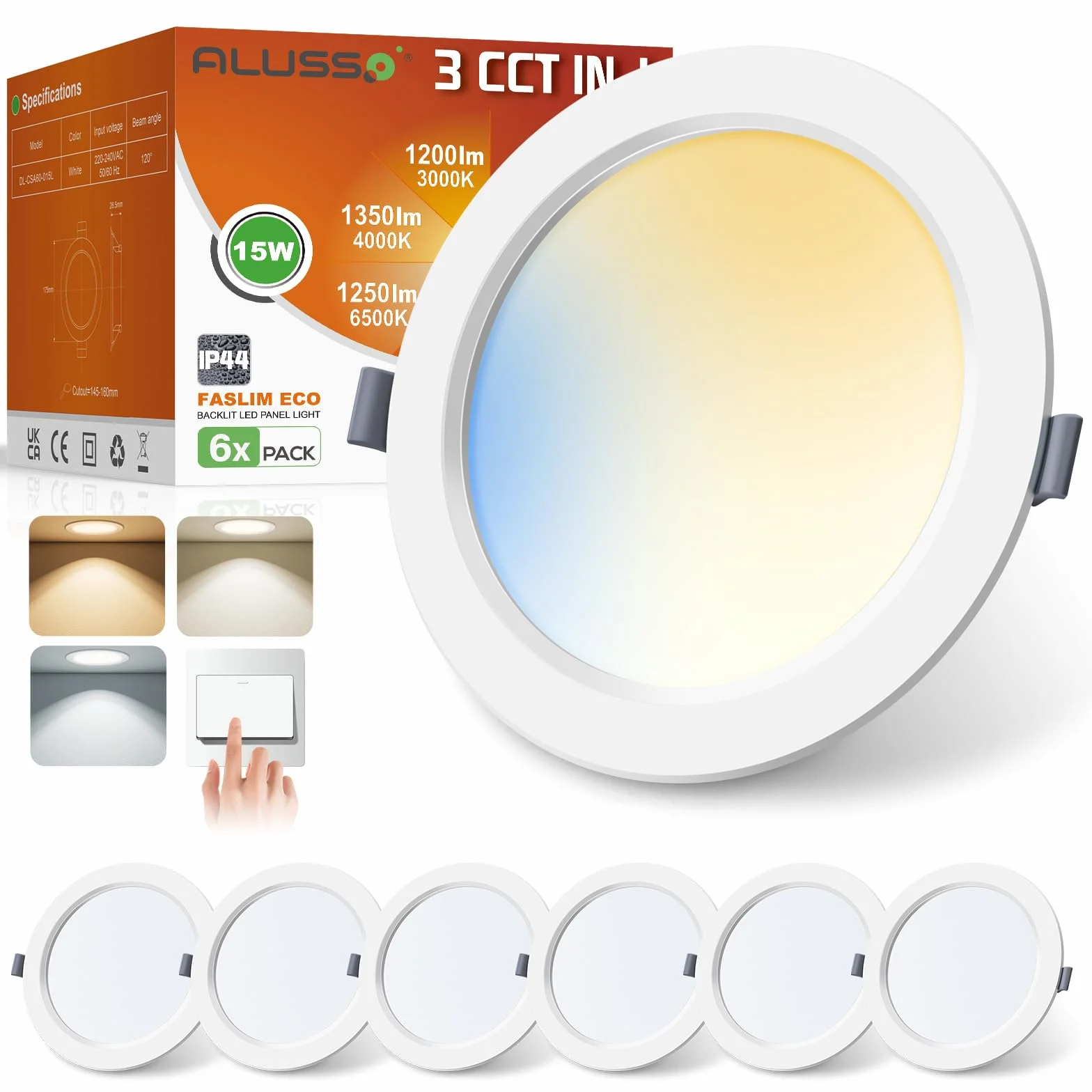 ALUSSO Faretti LED da Incasso per Cartongesso, 15W 230V Bianco Caldo 3000K Bianco Neutro 4000K Freddo 6500K Regolabili IP44 ultrasottili 26mm Rotondi Bianco Luci da Incasso per Bagno Cucina, Set di 6