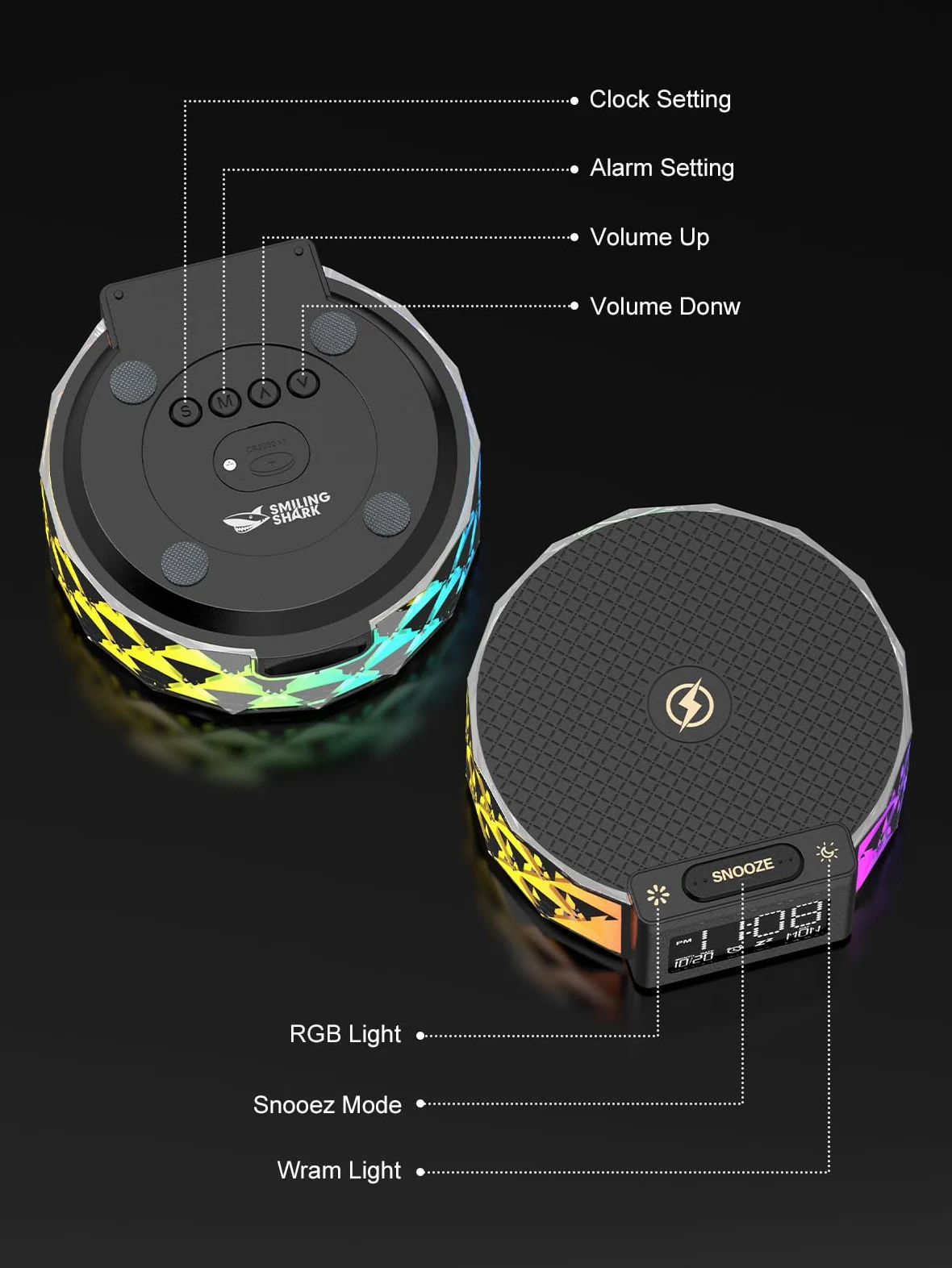 Smiling Shark Lampada Sveglia, Intelligente Sveglia Luce Ricarica Wireless con Timer Snooze Controllo Touch 3 Luminosità e Effetto RGB Wake Up Light Alarm Clock Charger per Comodino