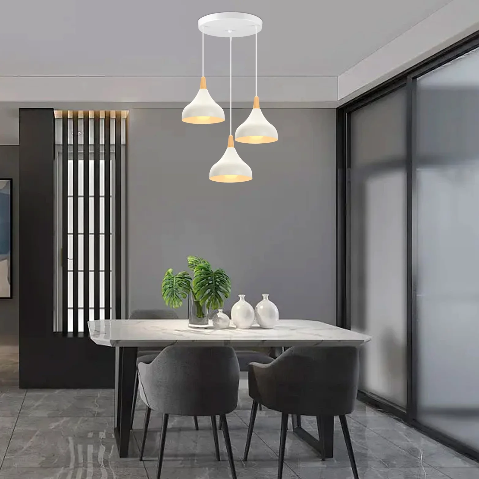 iDEGU 3 Luci Lampadario a Sospensione Retrò LED Lampada a Soffitto in Legna Metallo Moderna Lampada a Sospensione Stile Scandinavo Plafoniera per Soggiorno Camera Sala da Pranzo (Bianco, Rotondo)