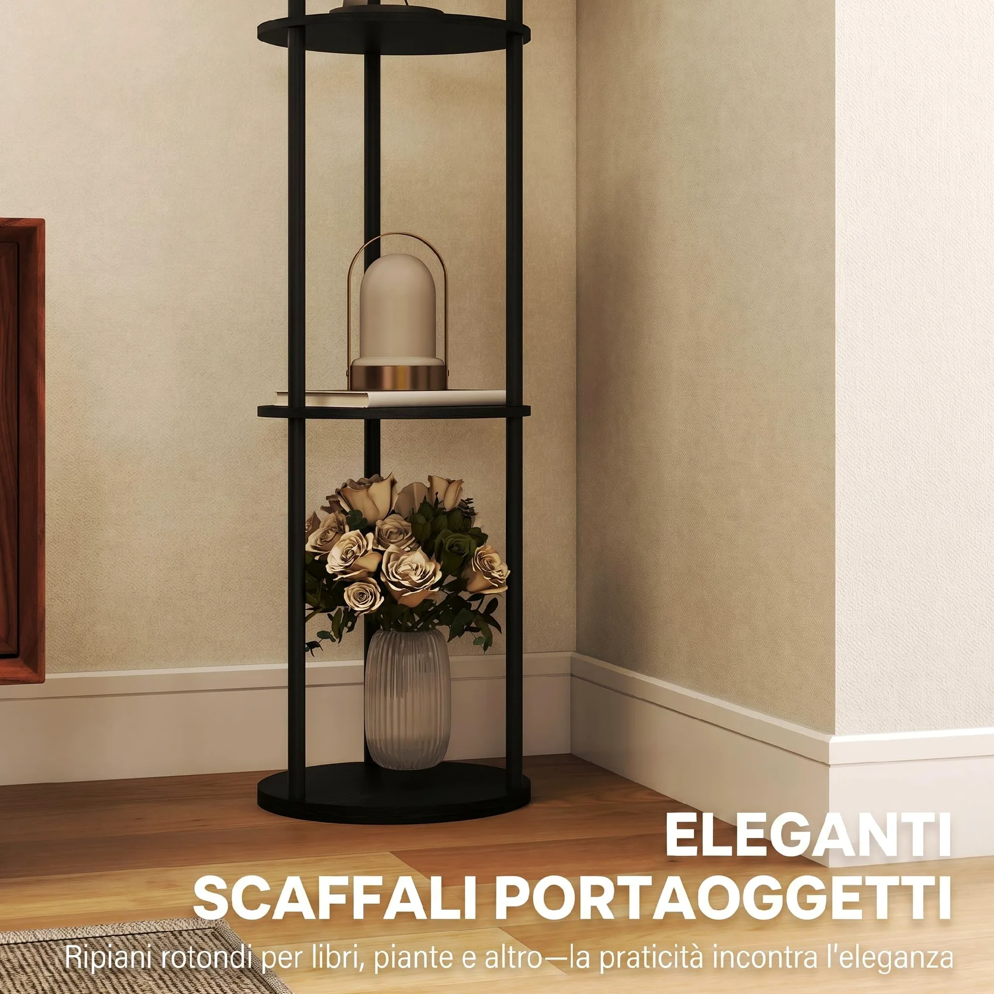 HOMCOM Lampada da Terra LED con Ripiani Rotondi, Piantana Moderna Nero | Paralume in Tessuto, Interruttore a Pedale e Telecomando, per Soggiorno e Camera da Letto