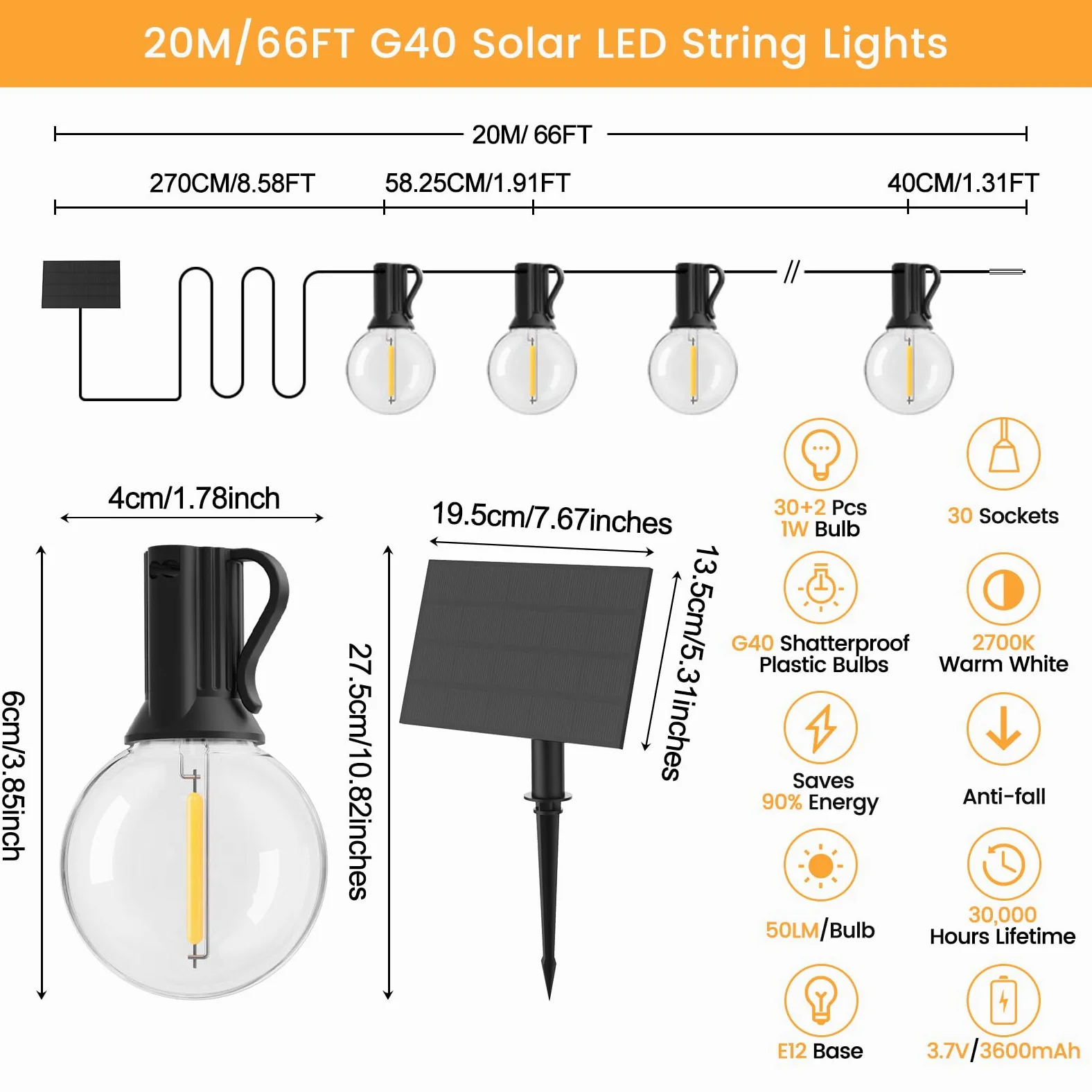 Luci solari da giardino G40 20 M USB o solare doppia ricarica festone luci 24 V con telecomando timer dimmerabile 30 lampadine infrangibili illuminazione esterna impermeabile per giardino