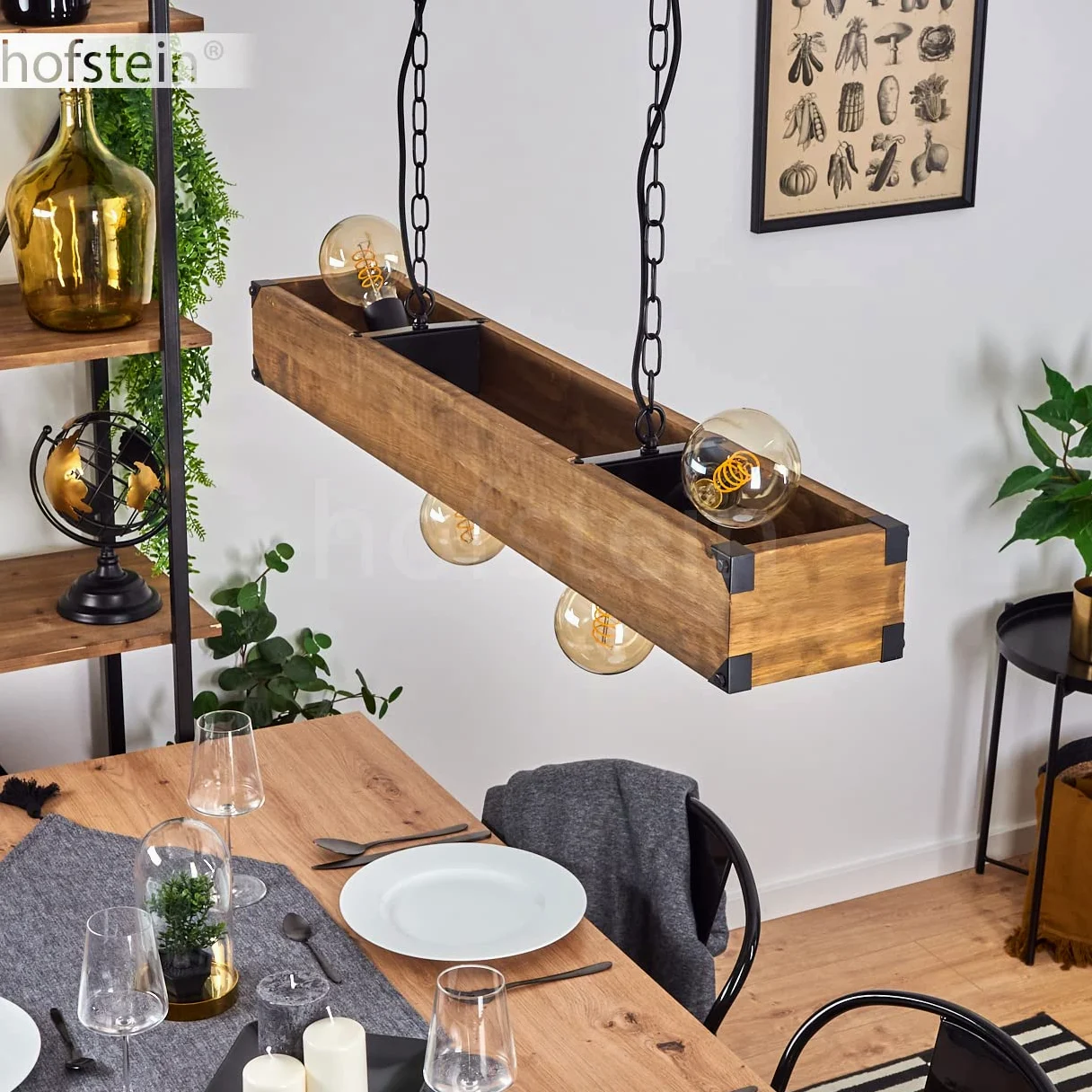 Lampada a sospensione Olomouc, lampada a sospensione in metallo nero, lampada a sospensione con asta in legno, anelli di catena e paralumi regolabili, altezza massima 119 cm, 4 x E27,senza lampadina/e