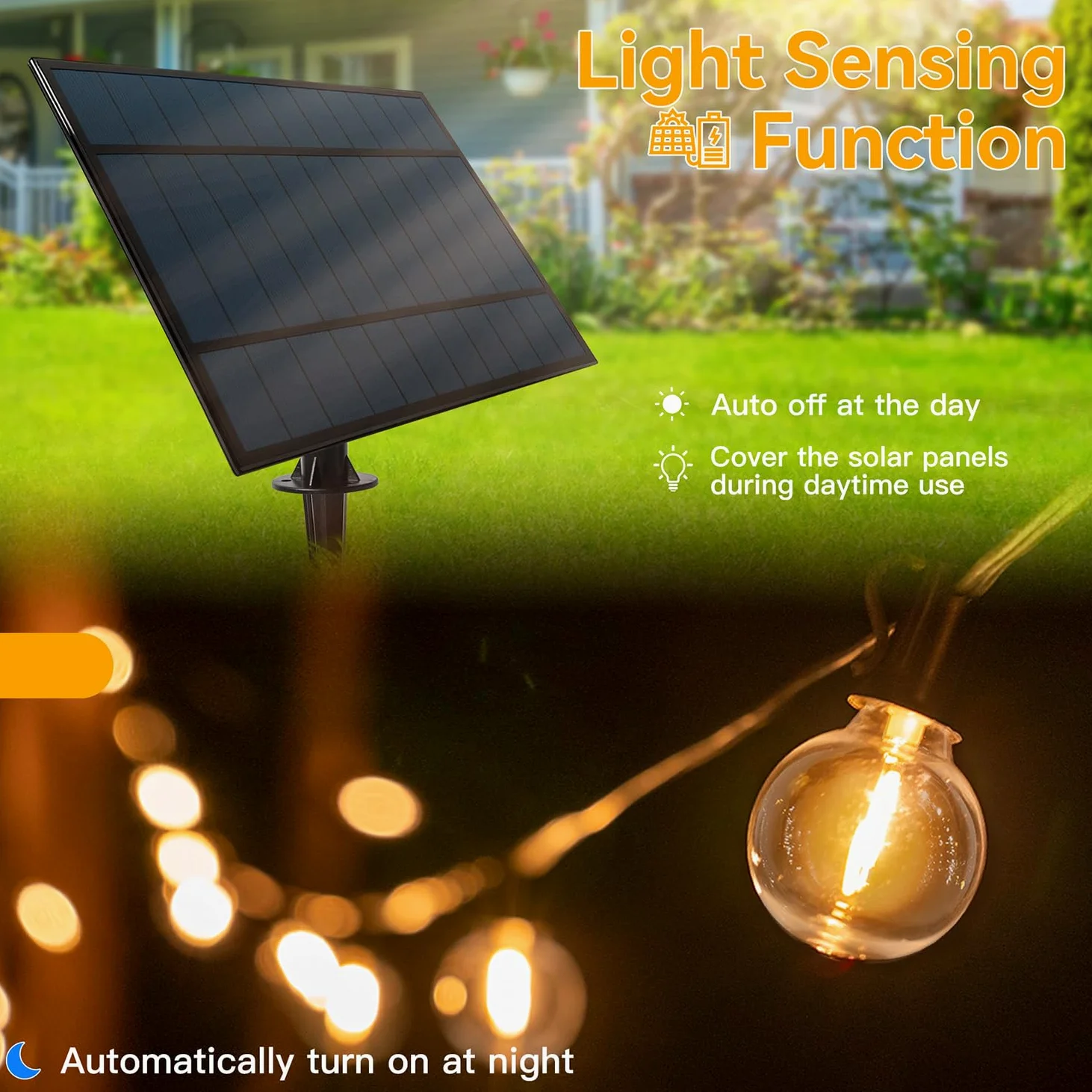 Luci solari da giardino da 30 m, impermeabili, con 40+2 lampadine infrangibili G40, 3 modalità dimmerabili, USB e luce solare per esterni, patio, cortile, gazebo, portico, festa di nozze