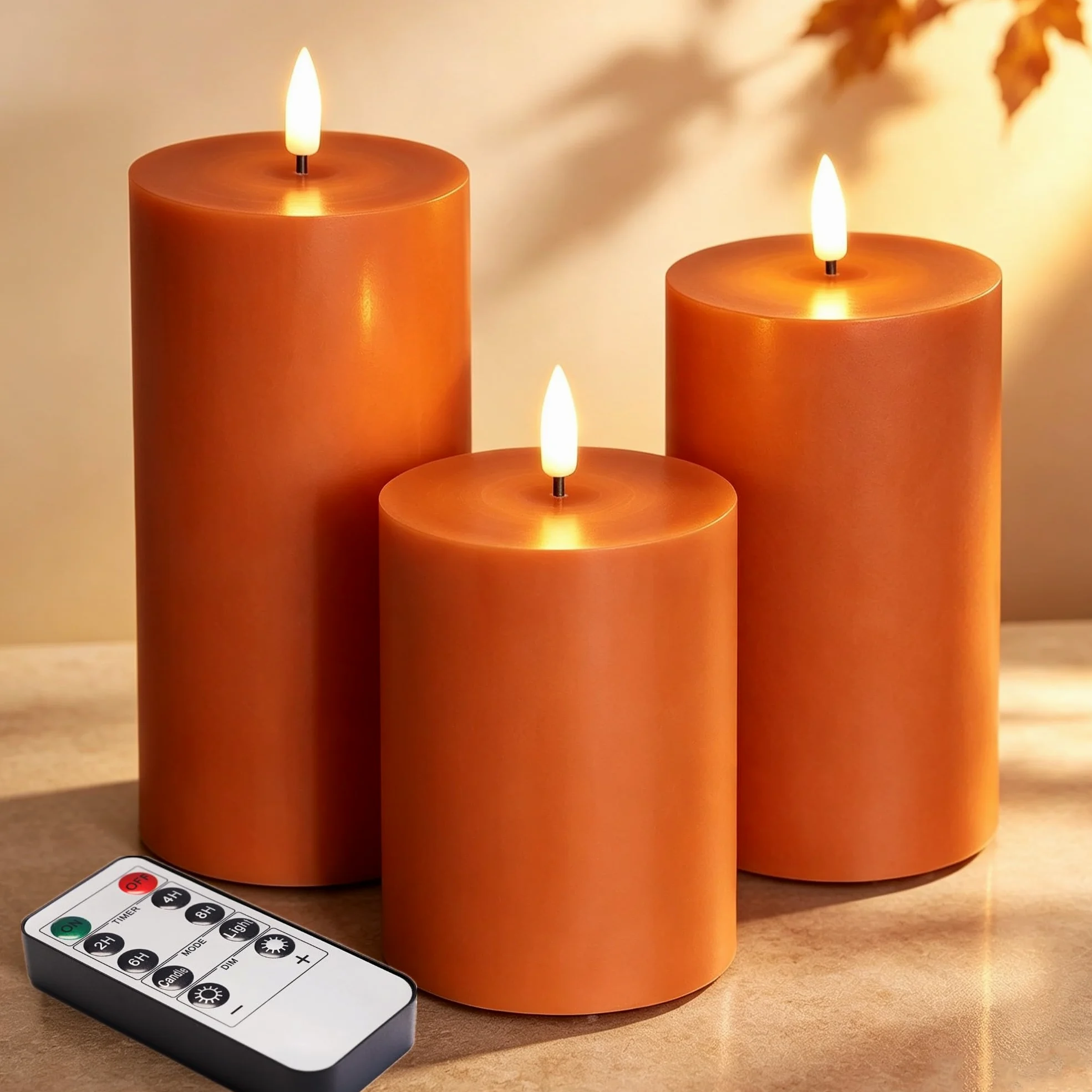 Candele a pilastro senza fiamma, in vera cera tremolante, funzionamento a batteria, set da 3 pezzi, colore: arancione bruciato