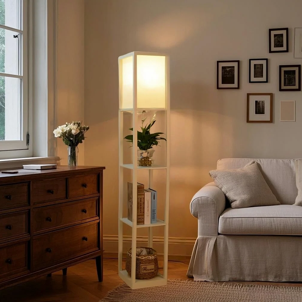 YU YUSING Lampada da Terra con Scaffale in Legno, Piantana con 3 Ripiani