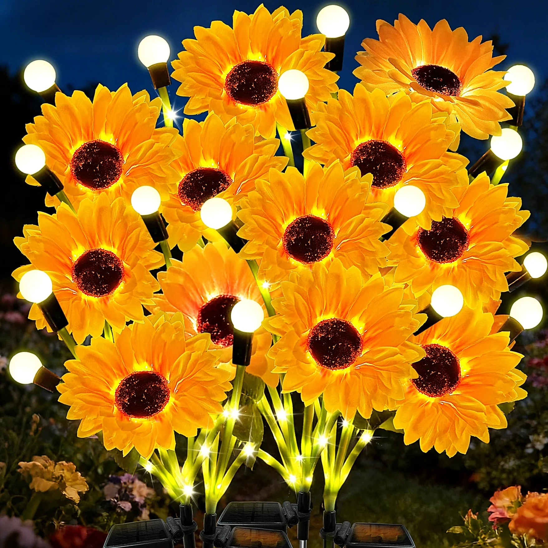 VEEKAY Luci Solari da Giardino,4 Pezzi Girasole Luce Solare Esterno, Luce Solare LED Esterno,IP65 Impermeabile Lampade Solari da Giardino,per Patio,Prato