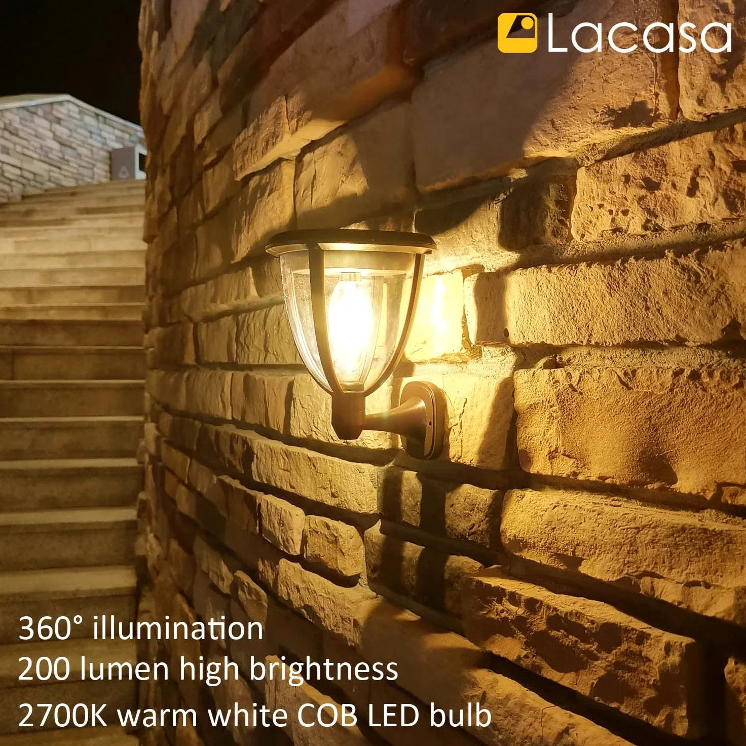 Lacasa Luce Solare LED Esterno, Lampada Solare 【2 Pezzi Versione Potente】 IP65 Impermeabile 2 Modalità di Lavoro Lampade da Parete Portico per Esterni Luci Solari per Giardino, Bianco Caldo 2700K