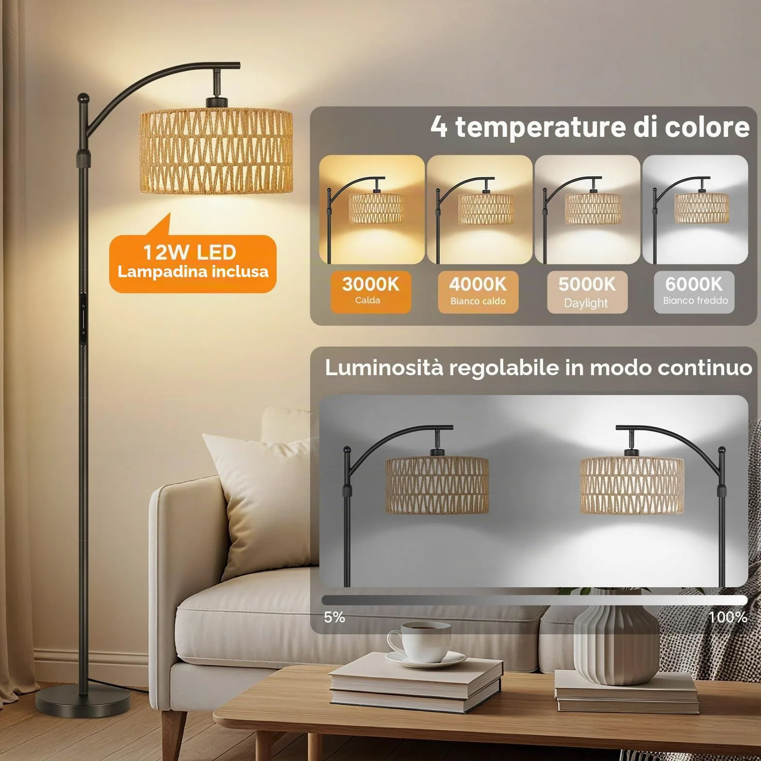 OUTON Lampada da Terra in Rattan, Lampada ad Arco Dimmerabile con App, Telecomando e Comando Touch, 4 Temperature di Colore, 2 Paralumi, Piantana LED da 12W per Soggiorno, Camera, Ufficio, Nero