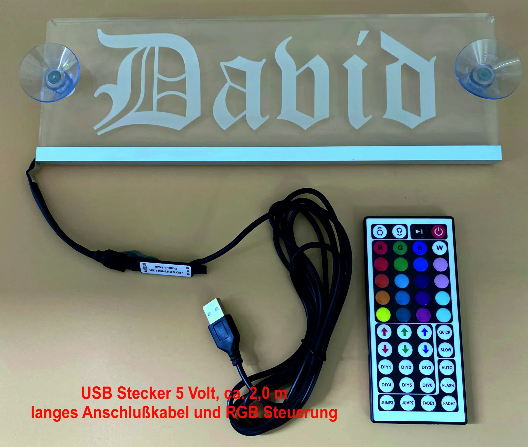 Schmalz Werbeservice Trucker Nome Camion Taglia 40x10 cm con Controller RGB 22 Funzioni - LED Acrilico Targa Luminosa 12V o 24V - 5V Attacco USB