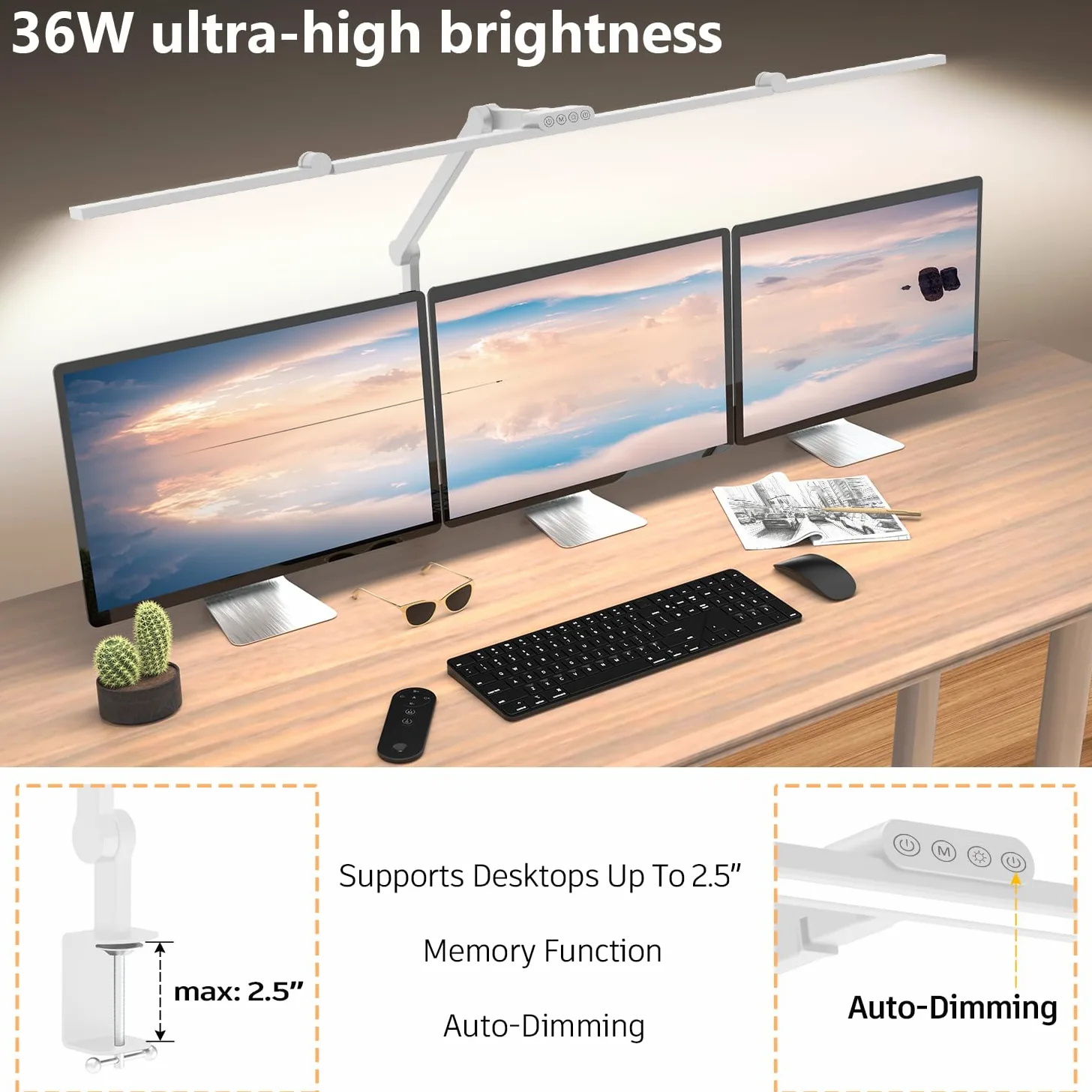 EPABINA Lampada da scrivania ultra luminosa da 36 W con morsetto, alta lampada da scrivania a LED girevole per casa e ufficio, barra luminosa per monitor regolabile da 119 cm, con telecomando, per