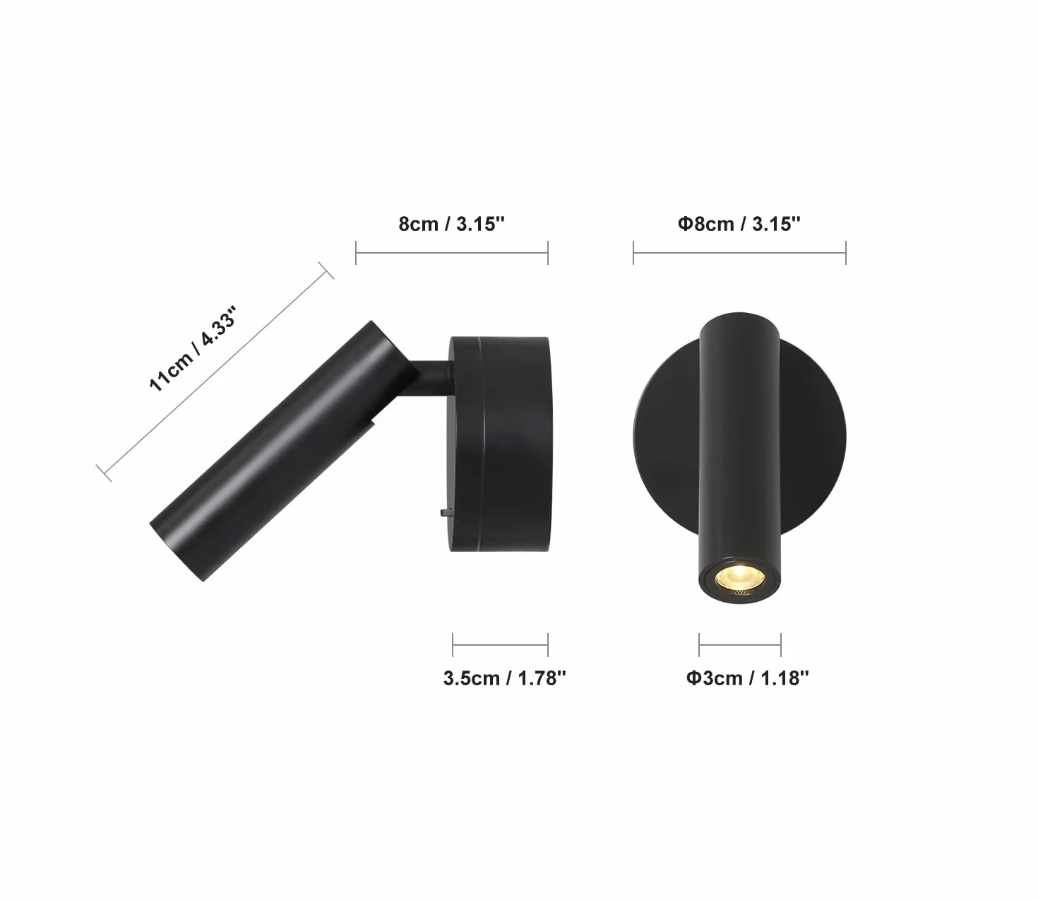 DAWALIGHT Applique da Comodino Orientabile Lampada da Parete a LED 3W 3000K Faretto con Interruttore per Interni Camera da Letto Salotto Lettura, Alluminio, Nero