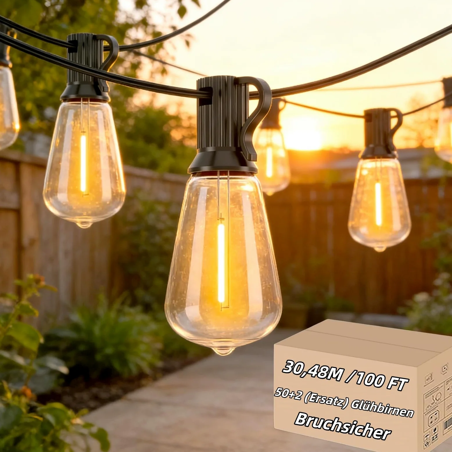 AzureStar Catena luminosa per esterni, 30 m, 100 m, estendibile, per esterni, IP44, impermeabile con 50 + 2 ST38 LED, in plastica, luce bianca calda, per esterni, giardino, terrazza, matrimonio