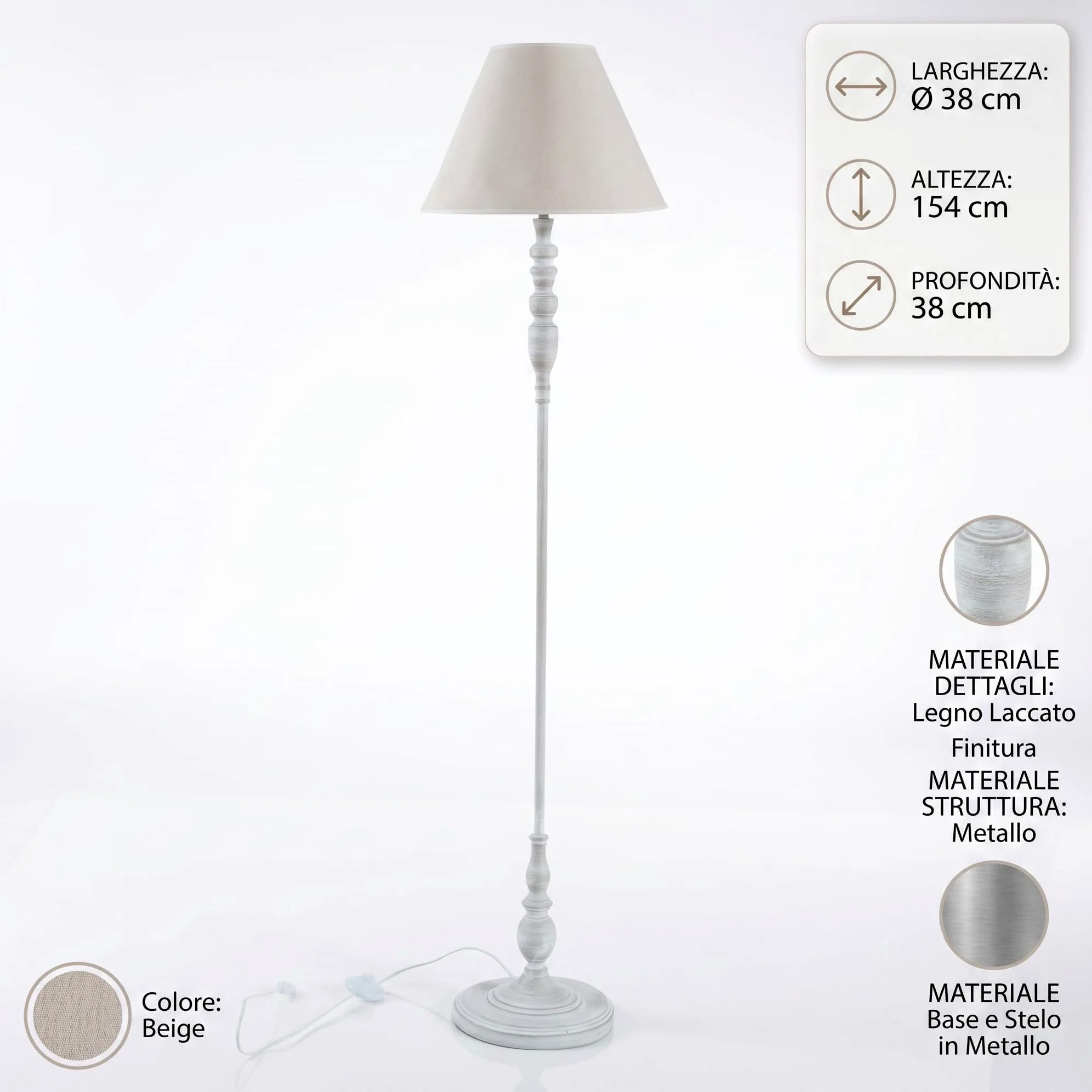 DiKasa Lampada da Terra Classica con Paralume in Tessuto Beige e Base in Metallo Grigio, Design Elegante e Minimal per Soggiorno Camera da Letto e Angolo Lettura 38x154 cm