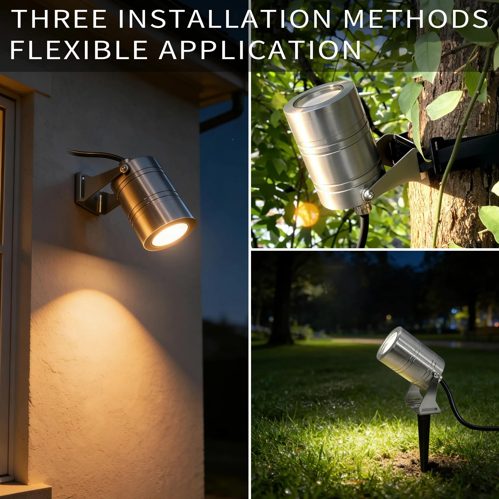 JNR Faretti da Giardino con picchetto da giardino, Argento (2) | Acciaio Inossidabile Faretti IP65 Impermeabile, con Cavo da 2 M e IP68 Connettori, 230V GU10 5W 3000K LED Lampadina Inclusa