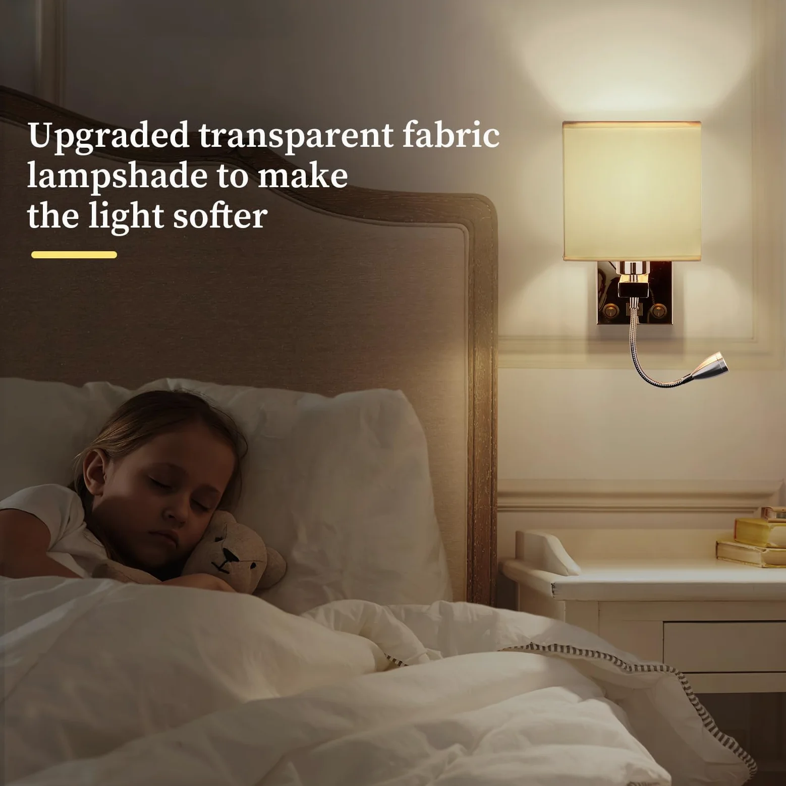ALLOMN Applique da Comodino, Applique da Lettura a LED Applique Moderna Cromata Lucida con Faretto Orientabile a Collo di Cigno, Doppi Interruttori, Con porta USB da Caricare E27 (Con USB, 1 PCS)