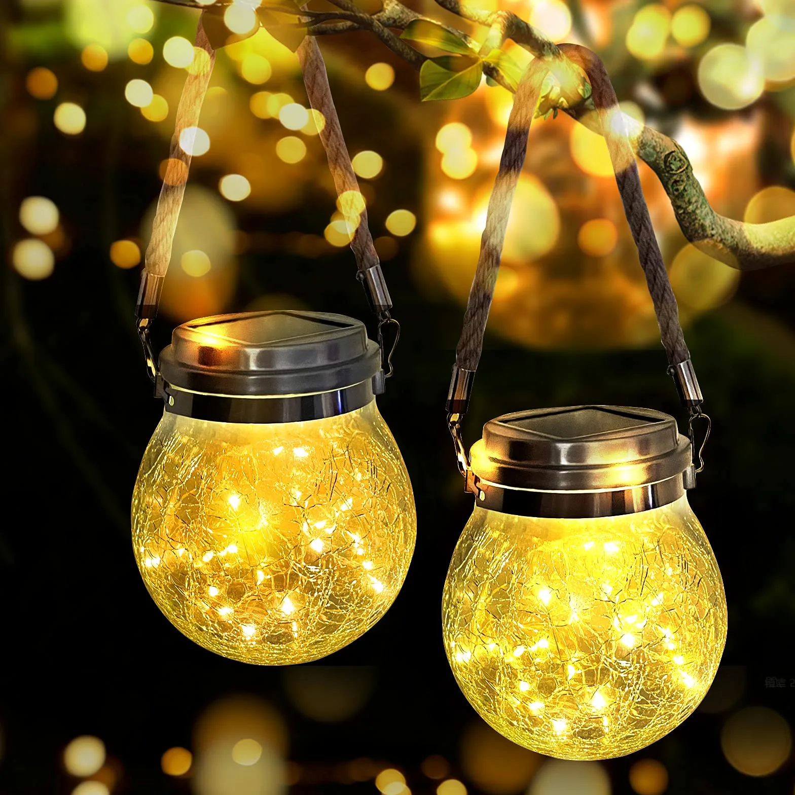XVZ Lanterne Da Esterno, 2 Pezzi IP65 Impermeabili Lampade Solari Sospese in vetro sferico per Giardini, Cortili, Alberi, Gazebo, Natale, Feste - Bianco Caldo