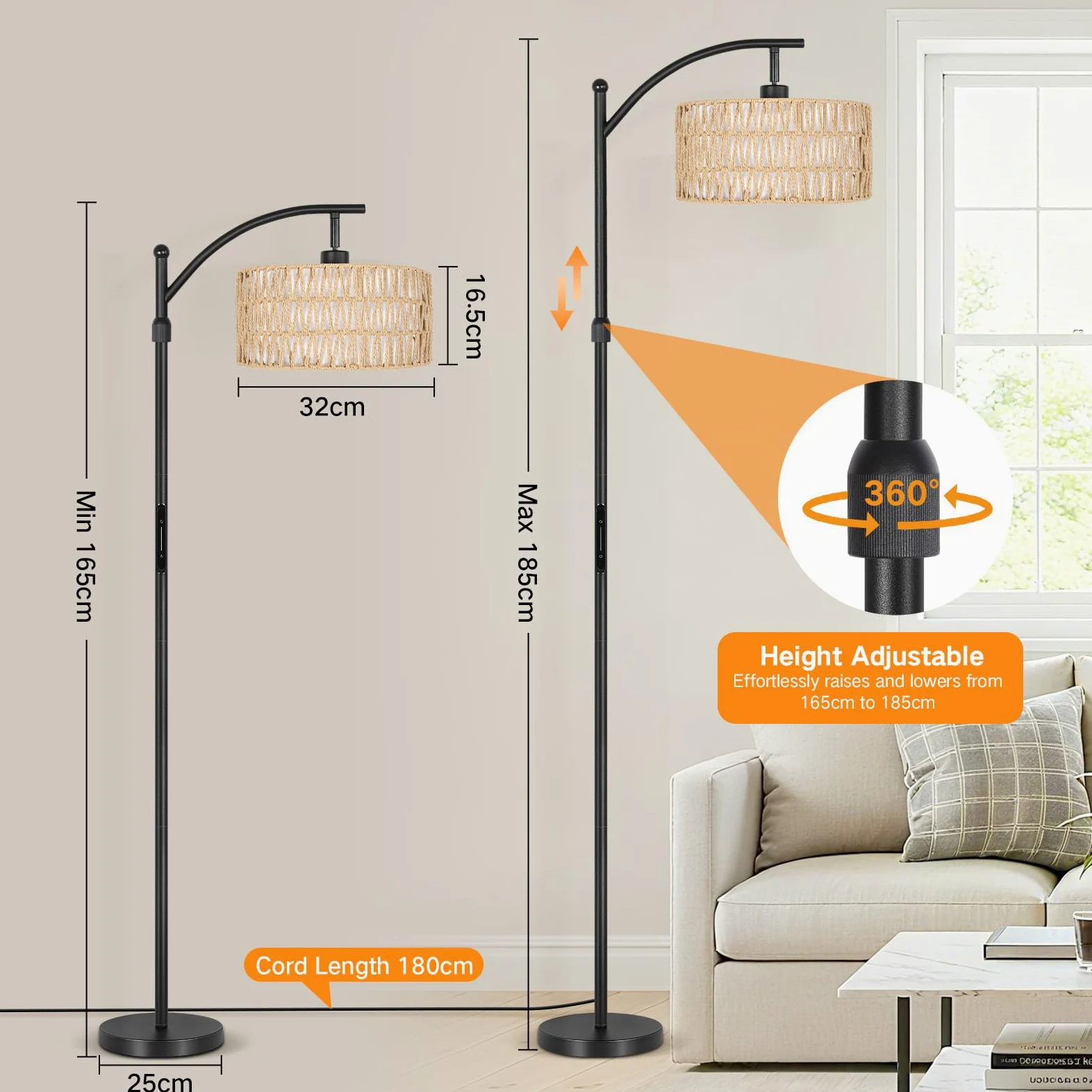 OUTON Lampada da Terra in Rattan, Lampada ad Arco Dimmerabile con App, Telecomando e Comando Touch, 4 Temperature di Colore, 2 Paralumi, Piantana LED da 12W per Soggiorno, Camera, Ufficio, Nero