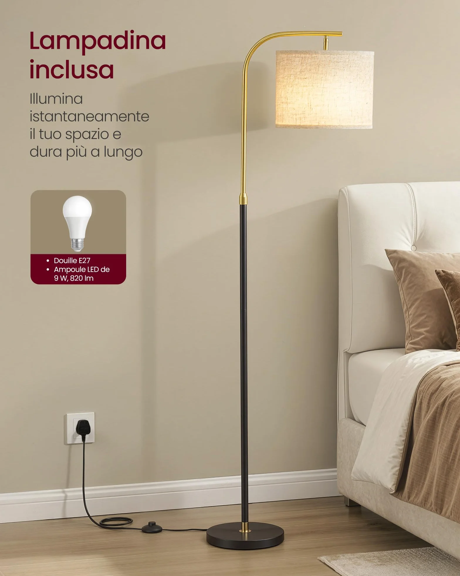 VASAGLE Lampada da Terra, Regolabile in Altezza 151-176 cm, Attacco E27 | Lampada da Lettura, Interruttore a Pedale, Paralume in Tessuto, Colore Nero Opaco, Collezione LUSIA LFL006BD02