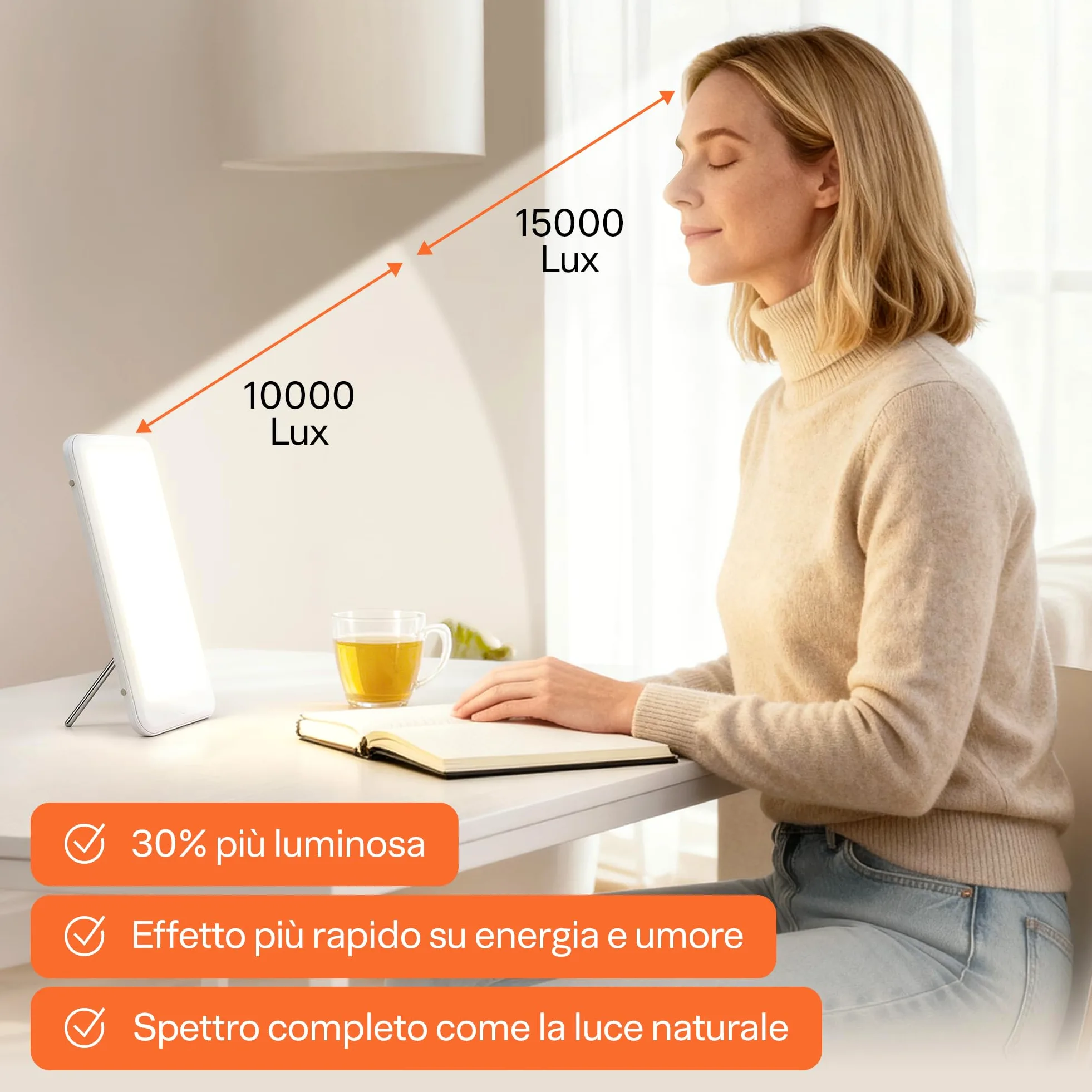 Top Life Lampada per Terapia della Luce 15000 lux - Dispositivo Potente per il Buon Umore - Regolabile a 3 Intensità (6 000, 10 000, 15 000)