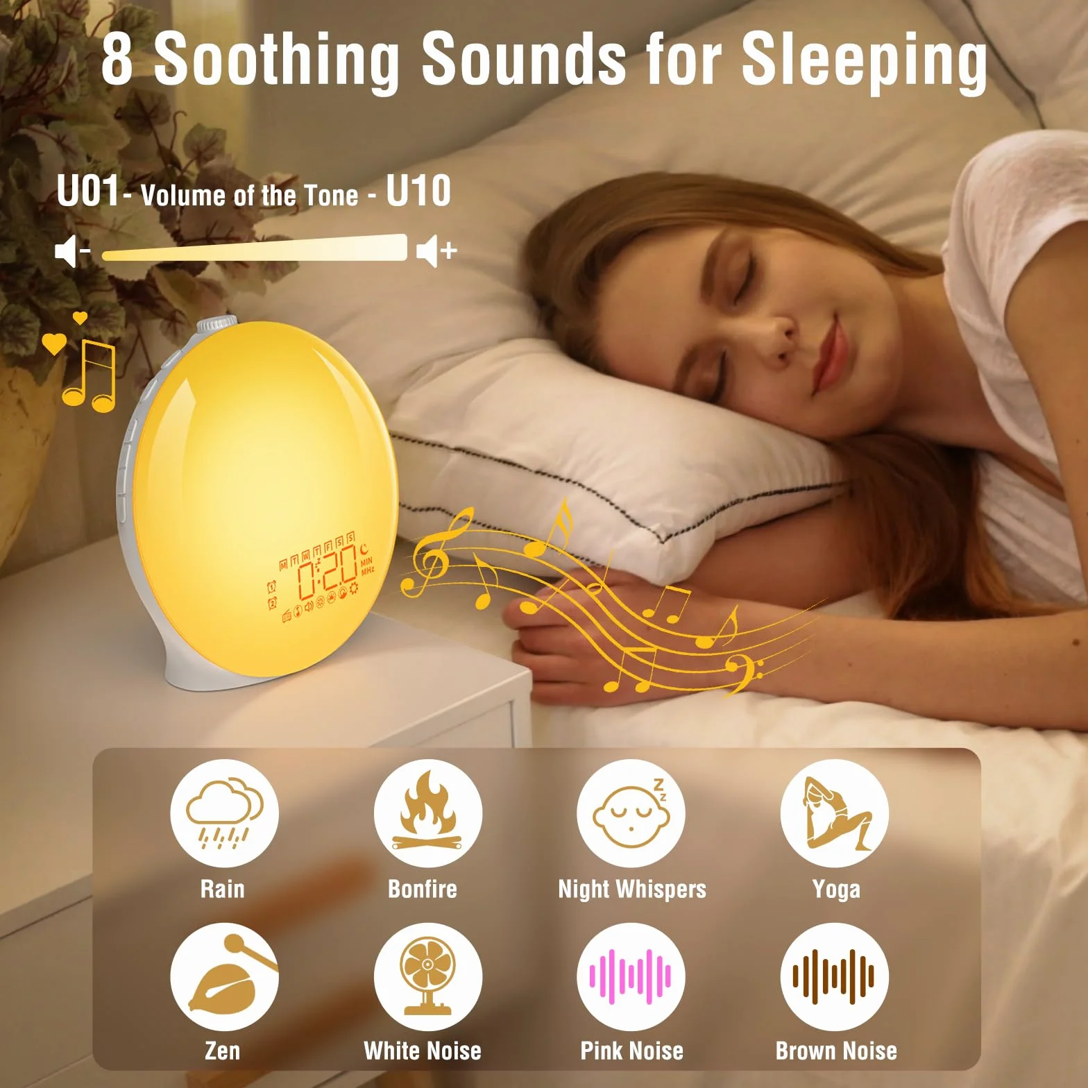 YAZEKY Wake Up Light,Luce Sveglia da Comodino con Simulazione dell'Alba,Luce Notturna con Due Sveglie e Funzione Snooze,FM Radio,20 Livelli di Luminosità,7 Suoni Naturali,Lampada Atmosfera 18 Colori