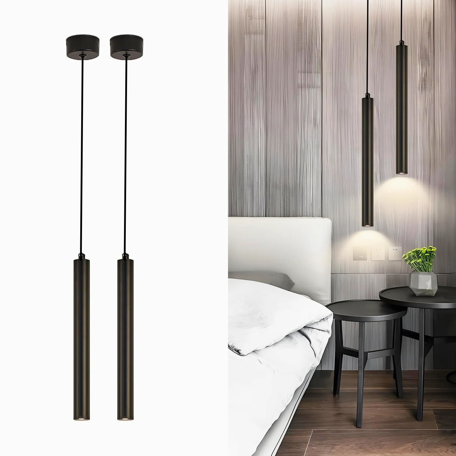 Lampada a Sospensione Comodino Camera da Letto, 2 Pezzi lampadario led a cilindro Nero, Regolabile In Altezza lampada a sospensione moderna per cucina soggiorno tavolo da letto 30cm (2)