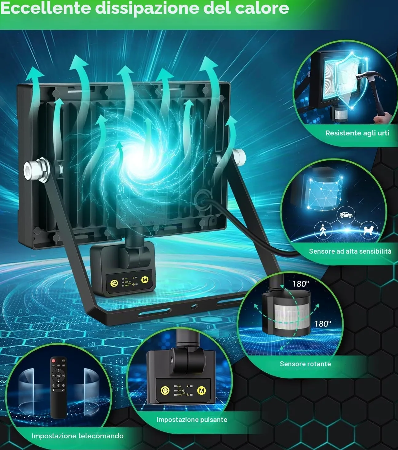 CLY Faretto Led da Esterno con Sensore di Movimento 60W, 5640LM Faretti Led da Esterno con Telecomando 4 Modalità 10 Luminosità Fari LED Esterno Bianca Fredda Faro led da Esterno IP66 Impermeabile