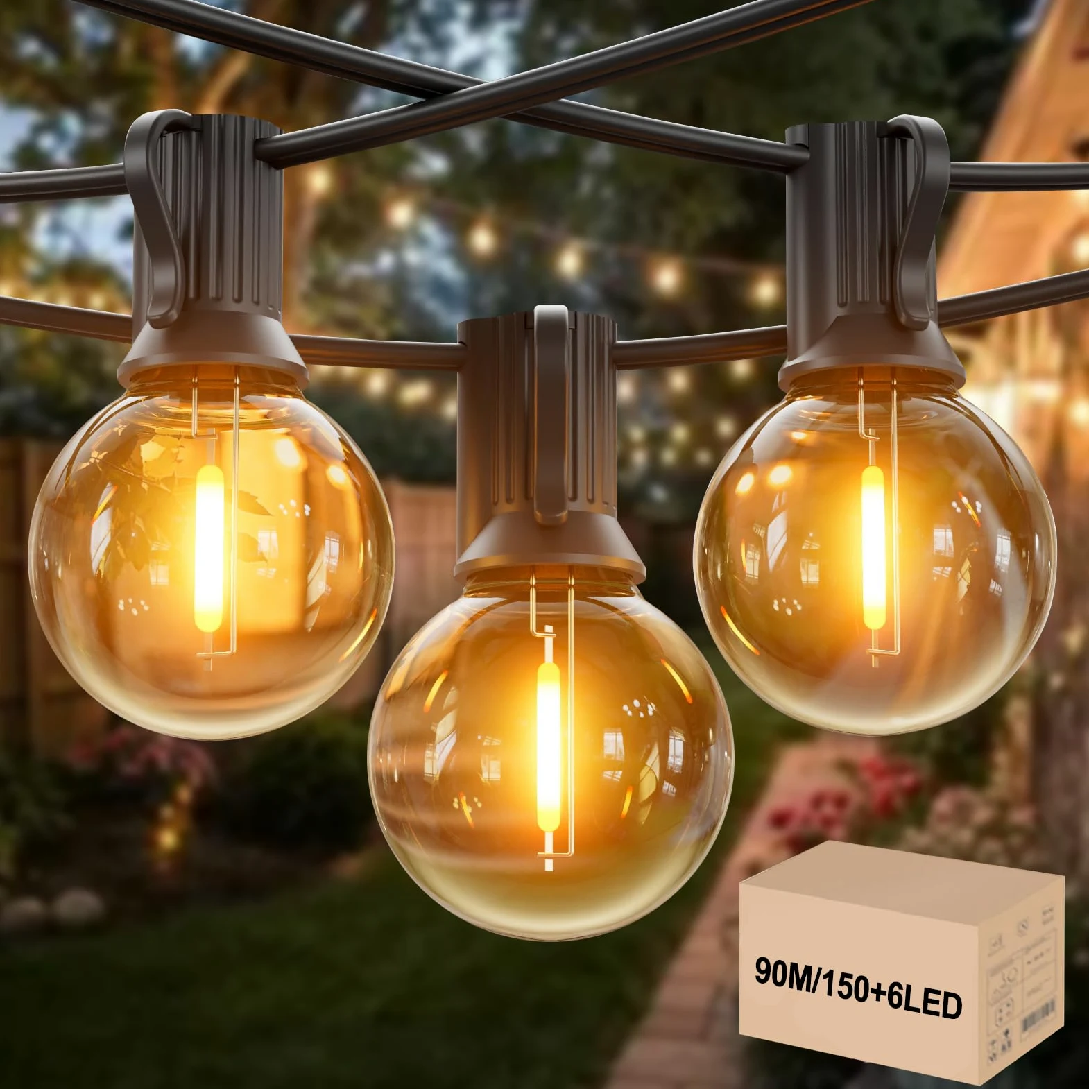 luci da esterno giardino 90M,150+6 luci giardino impermeabile 2700K, G40 Catena Luminosa Esterno Luci Giardino impermeabili all'aperto[Classe di efficienza energetica G] (90M/150+6)