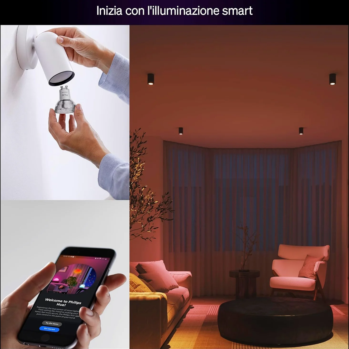 Philips Hue Essential Smart LED GU10 (Confezione da 4), Lampadina smart con luce bianca e colorata, Lampadina intelligente 4.7 W, Luce smart compatibile con Alexa, Google Assistant e Apple Home