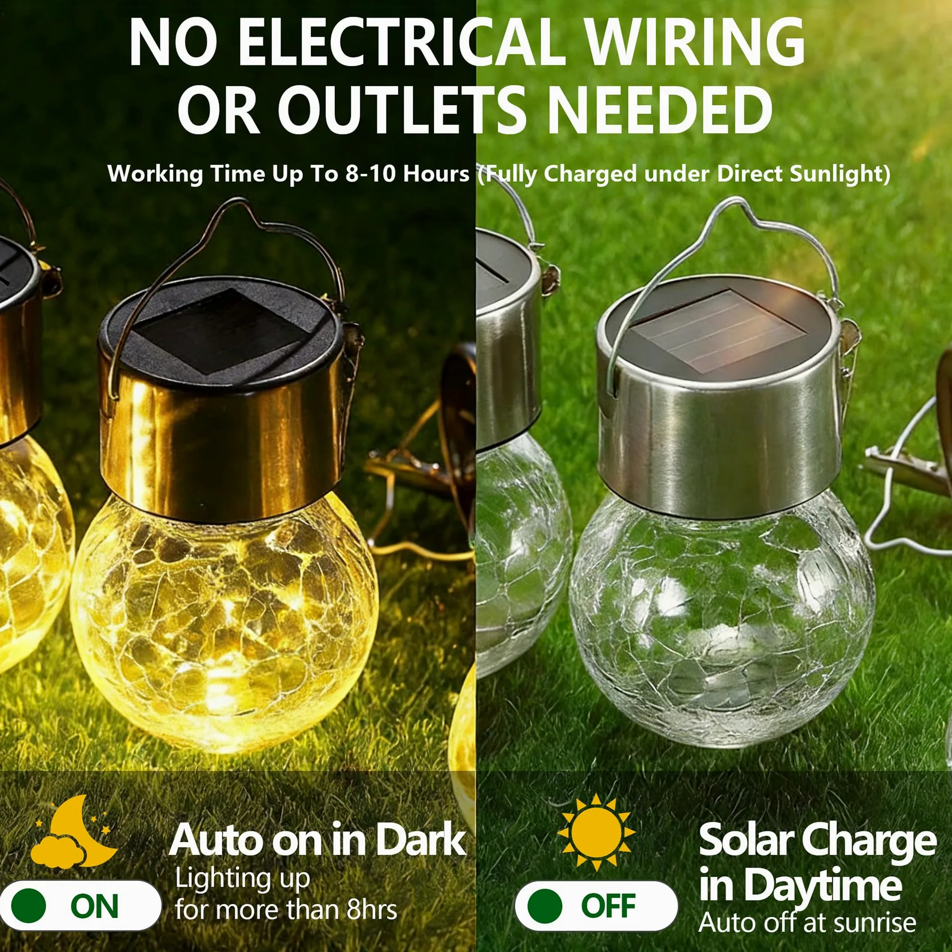 Lanterne solari per esterni, luci a sfera a energia solare, impermeabili, decorative, in vetro incrinato, ornamenti per pastore, gancio, albero, ombrello, recinzione, giardino, cortile, decorazione