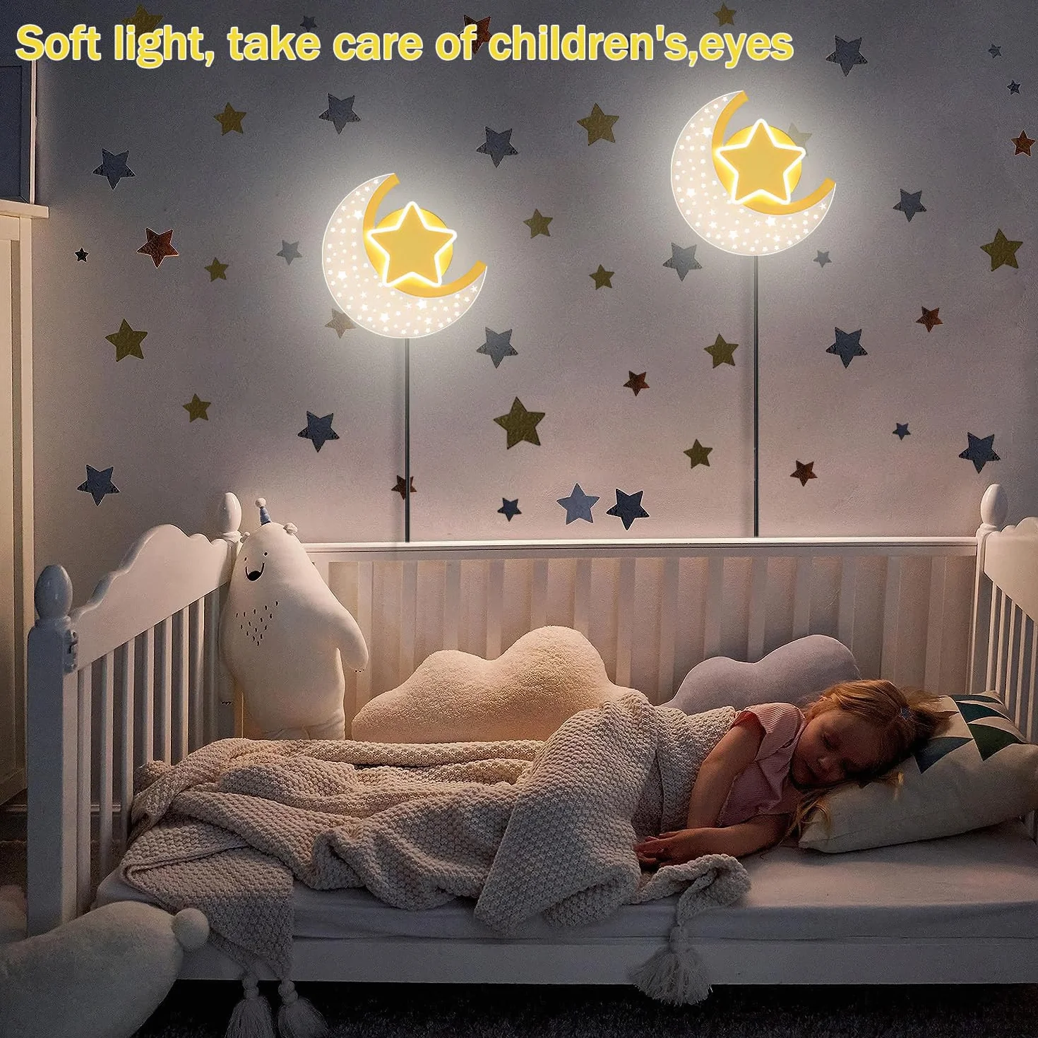 Applique da Parete per Bambini con Interruttore e Spina Dimmerabile LED Lampada da Parete Luna con Controllo Touch Ragazza ragazzo Lampada da Comodino per Camera da Letto Vivaio Stanza illuminazione