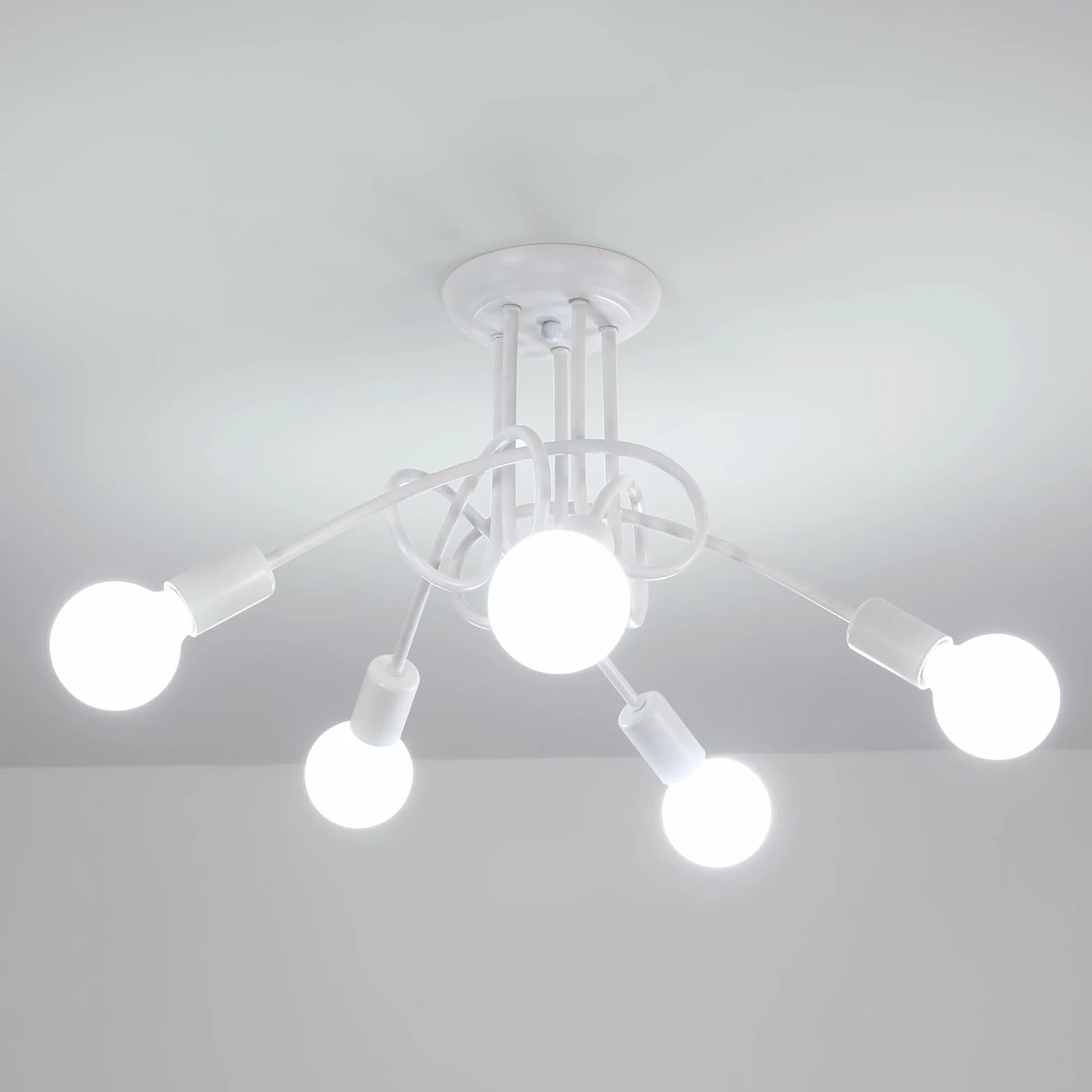 Riserva Lampadario Vintage, Plafoniera Soffitto Industriale E27, 5 Luci Lampada da Soffitto in Metallo per Soggiorno, Cucina, Camera da Letto, Ristorante, Cafe, Bianco (senza lampadine)
