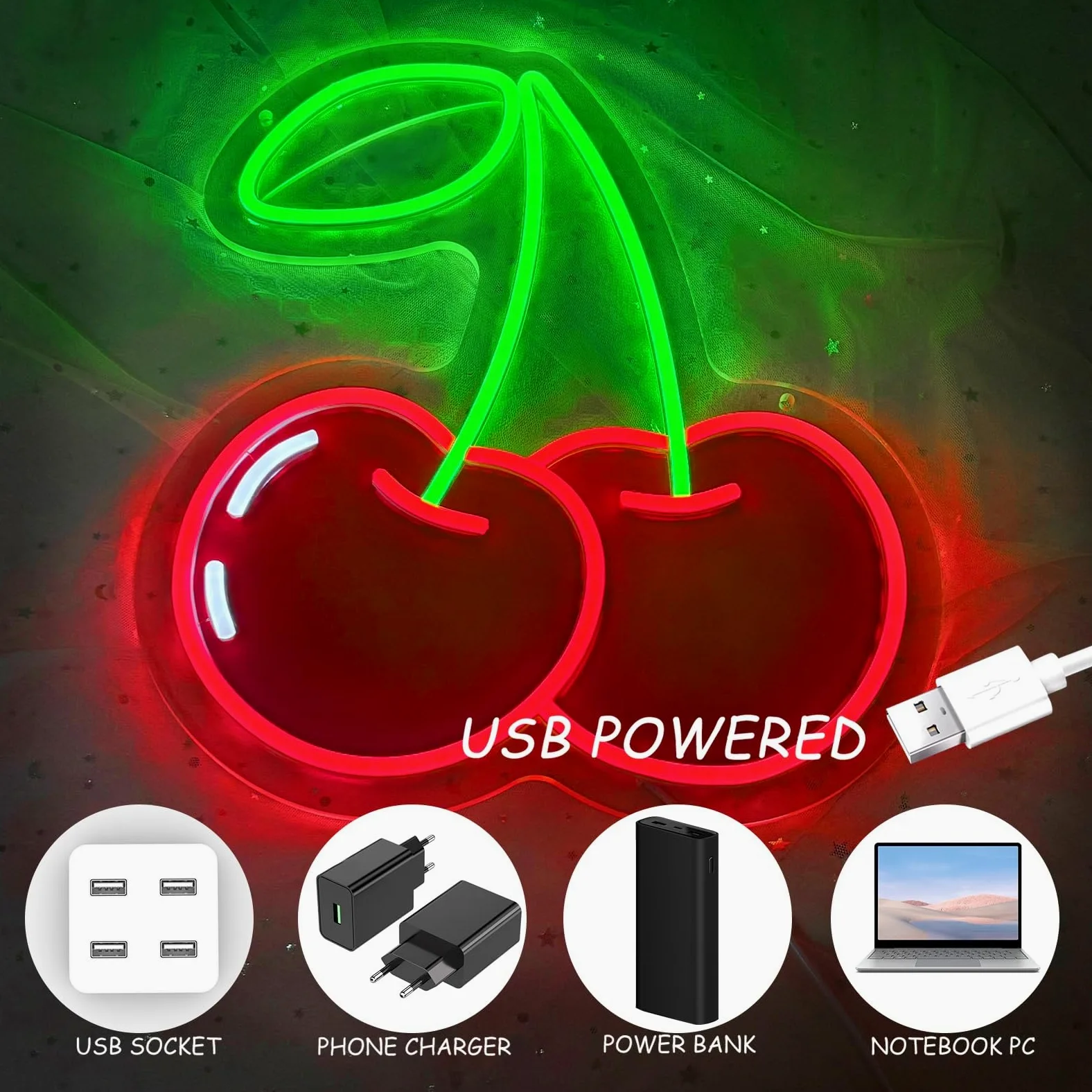 Insegna al neon a forma di ciliegia, decorazione da parete, dimmerabile, con stampa di frutta, luci al neon al neon a tema frutta vibrante per camera dei bambini, camera da letto, ristorante, bar