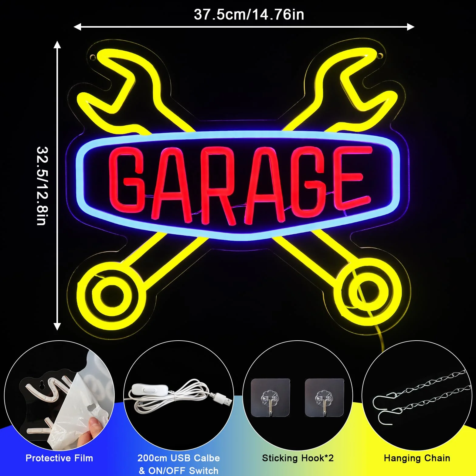 Segno al Neon per Garage - Segno al Neon Check Engine per Decorazione da Parete, Luce al Neon da Parete USB a LED per Autorimessa, Caverna dell'Uomo, Camera per Auto, Officina di Riparazione