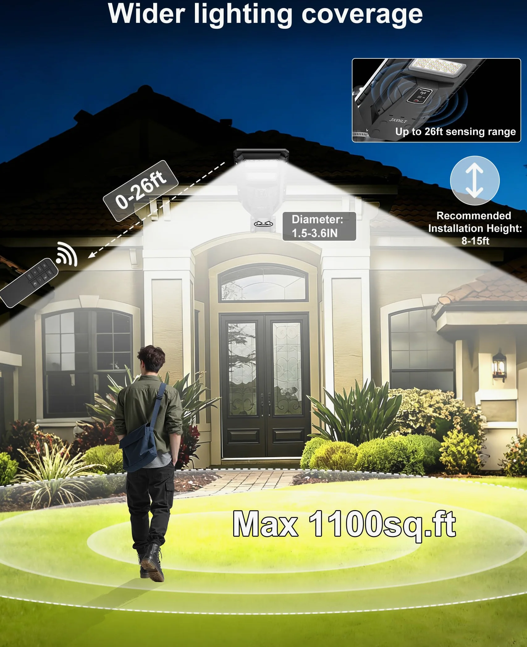 JAYNLT Lampione Solare LED Esterno, 3000K/4000K/6500K Faretto Led da Esterno con Sensore di Movimento, IP67 Impermeabile Faro Solare per Giardino Cortile Garage (2 Pezzi)