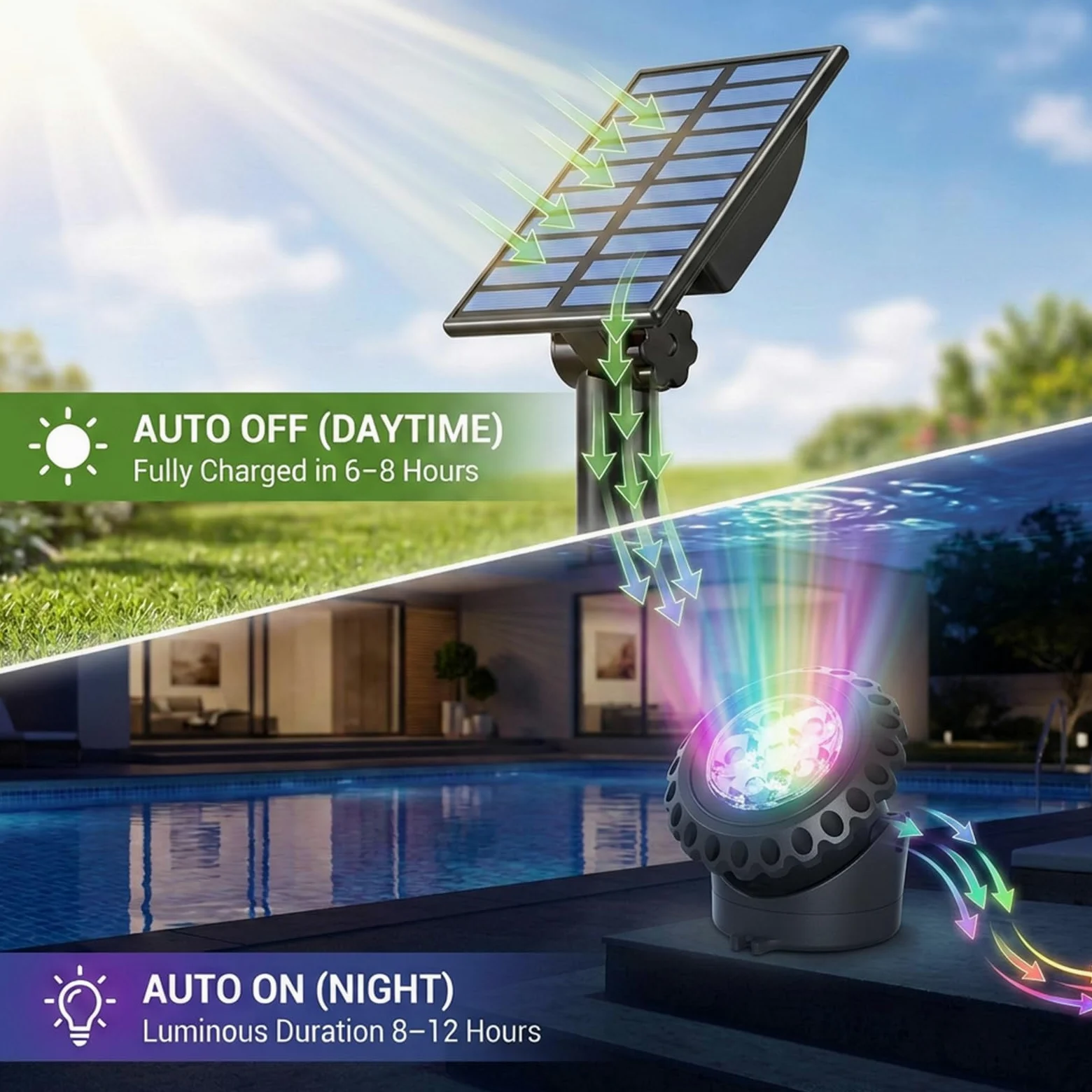 T-SUN Luci Solari per Laghetti 5 in 1 RGB Luce Solari Per Laghetti Faretto Solare per Esterni RGB Lampada Solare Sommersa Con 2 Modalità, IP68 Impermeabile, Per Giardino, Albero, Patio, Stagno