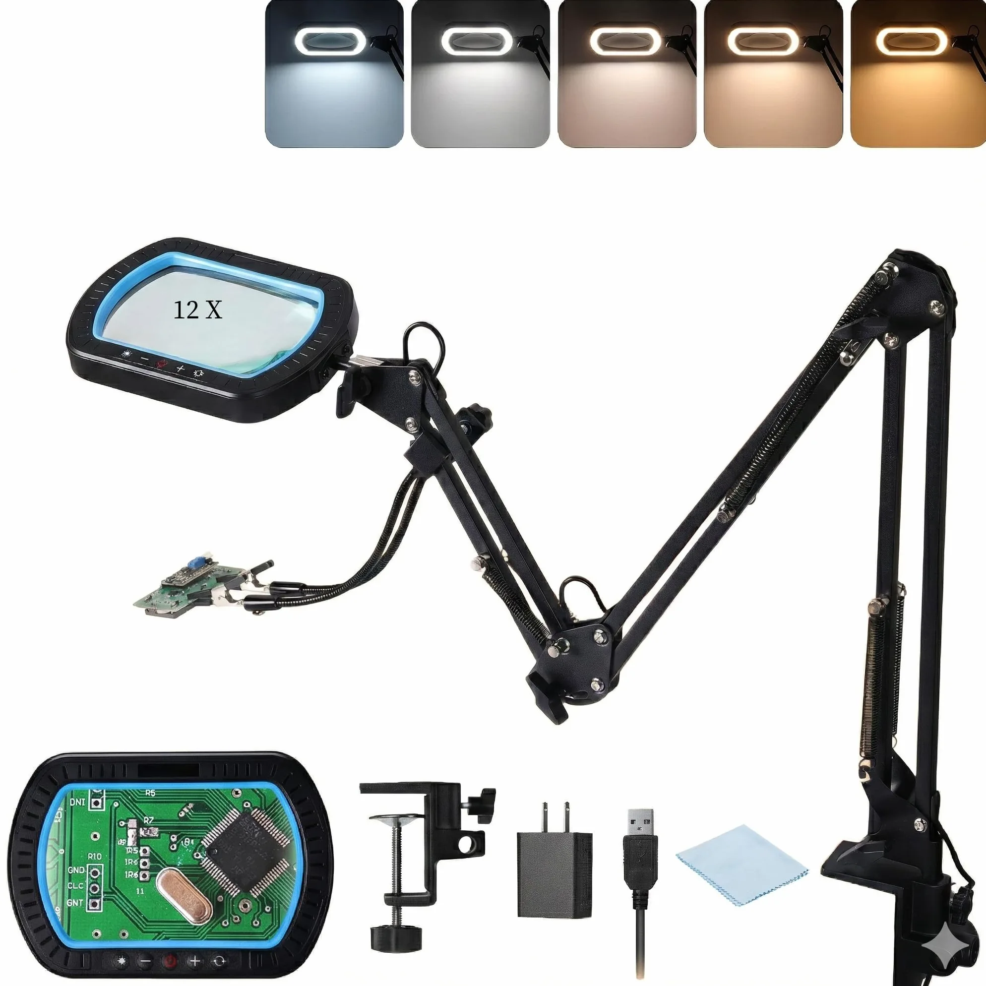 sainsmart Lente d'ingrandimento 12X con luce e morsetto, braccio ultra lungo a 3 sezioni, lente in vetro da 5,3×3,2", 5000LM, 5 temperature di colore e 10 livelli di luminosità