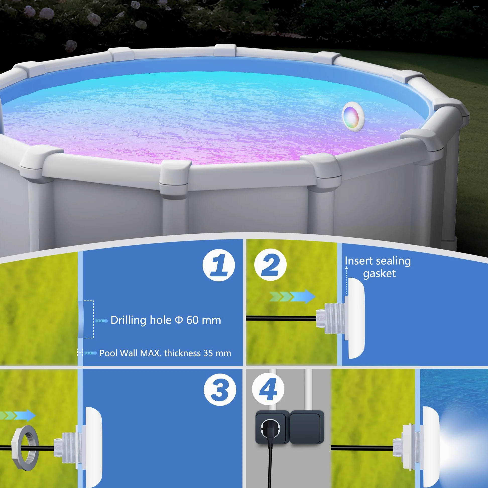 25W Luci Piscina LED con Filettatura 2", 12V RGB Lampade per Piscinas Fuori Terra Acciaio, Controllo APP, Dimmerabile e Timer,IP68 Impermeabile Riempito Resina Faretto Piscinas con Cavo 9,5m