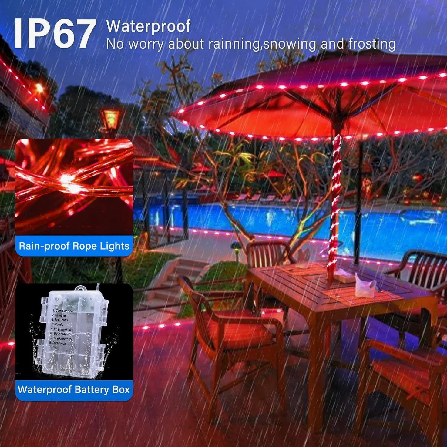 Corda String Lights, Impermeabile 8 Modalità/Batteria Luci di Natale, String Lights Outdoor Indoor per Trampolino Campeggio Canopy Tenda Deck Decor (Rosso, 32M/105ft 300LED)