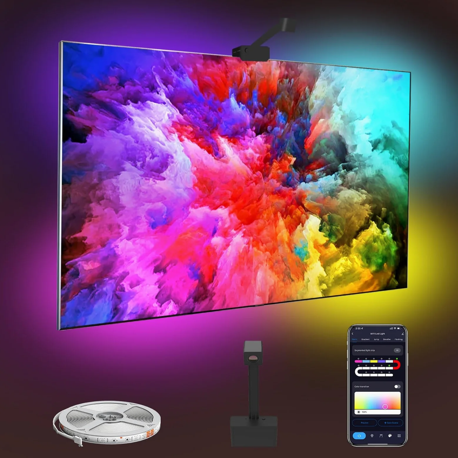 Luce LED Intelligente per TV, Retroilluminazione TV A Colori Fai da Te con Effetto RGBIC per Lo Schermo TV 4 Luci Sincronizzate con Il Ritmo Adatto per La Decorazione dello Sfondo TV