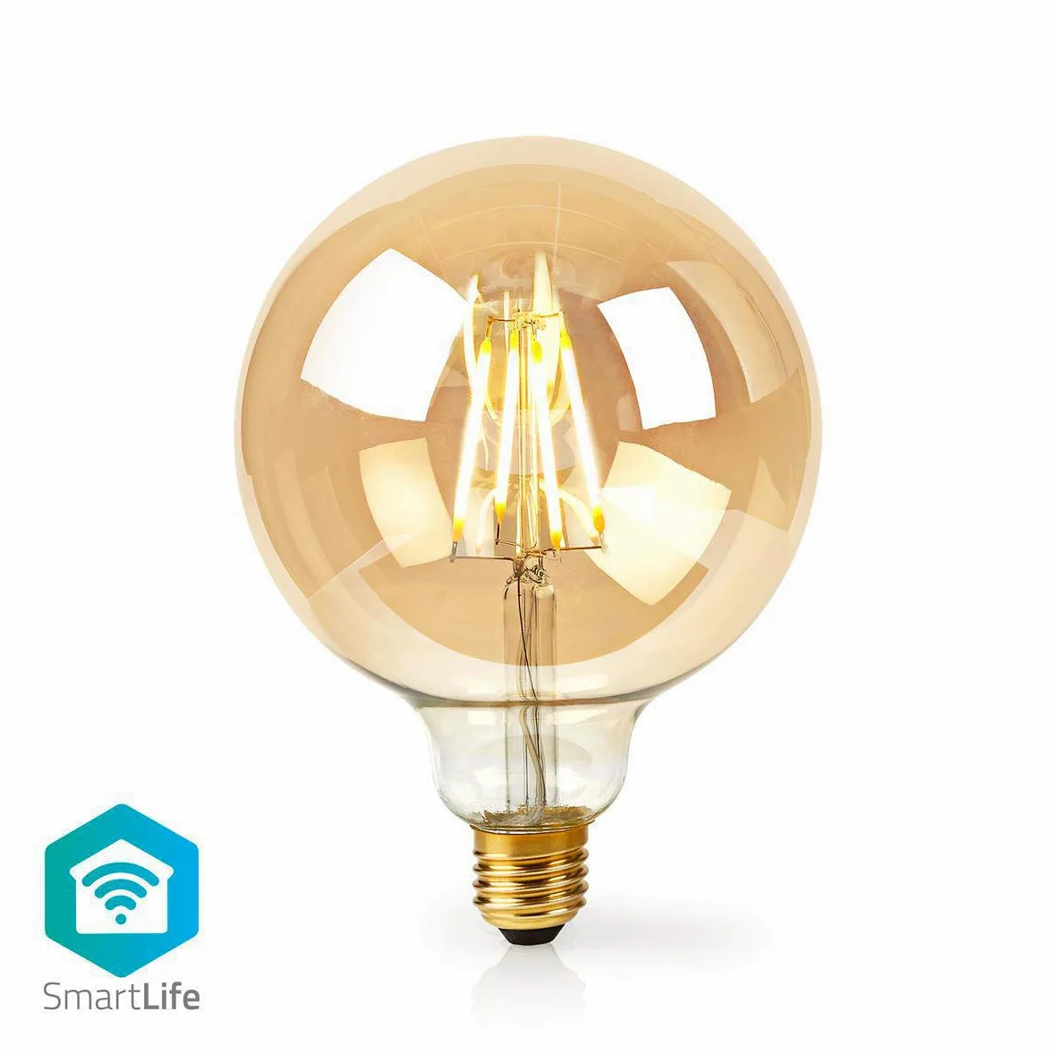 Nedis – Lampadina a filamento Smart WiFi – E27 – 125 mm – 5 W – 500 lm – Controllo app – Facile da configurare – Flusso luminoso nominale: 500 lm – Colore: oro – Materiale: vetro