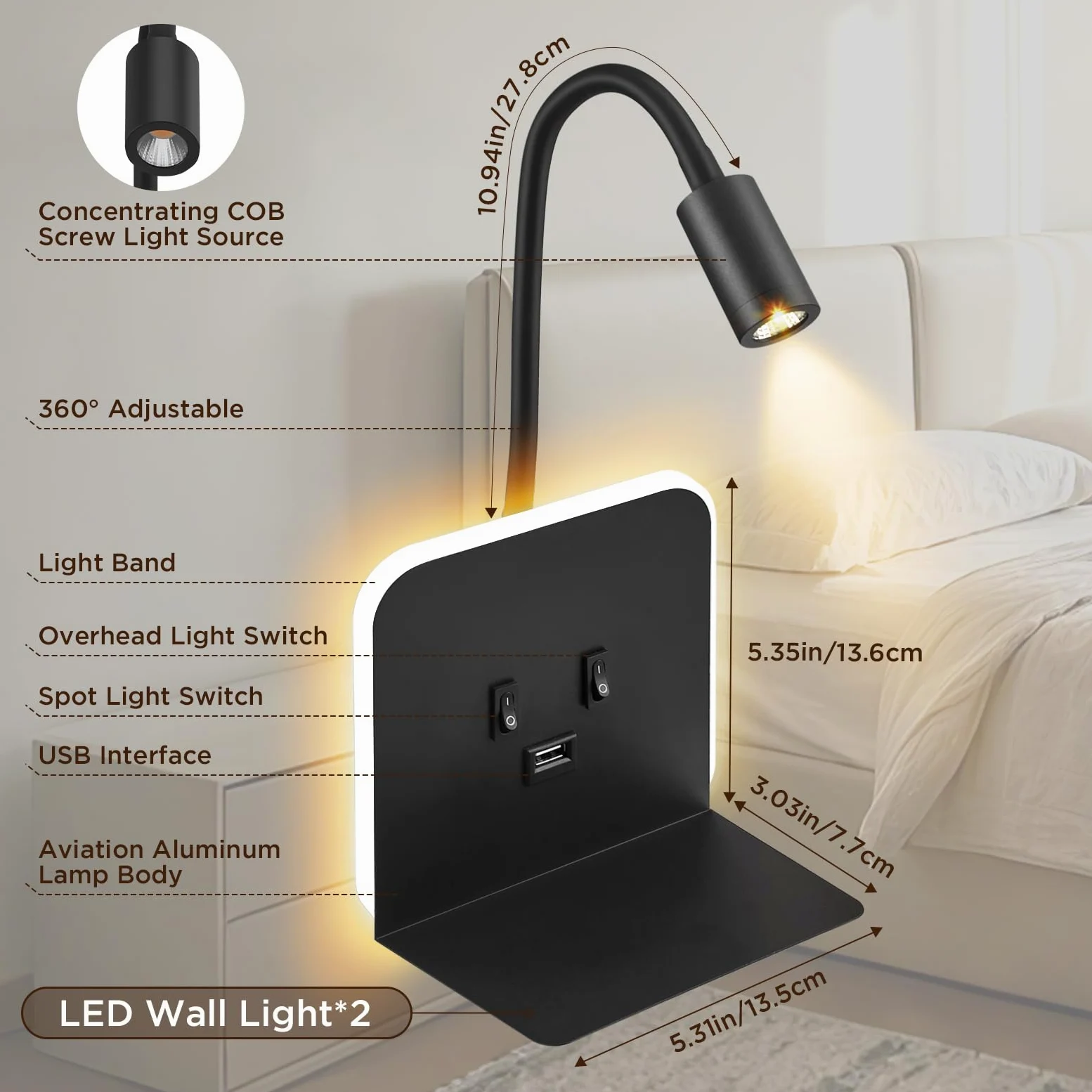 Lampada da Lettura LED 3W + 9W 3000K, Lampada da Parete con Porte USB e Vassoio per Telefono Faretto, faretto da Lettura a Muro Luce Ambientale Regolabile e Flessibile per Camera(Schwarz, 2 Stück)