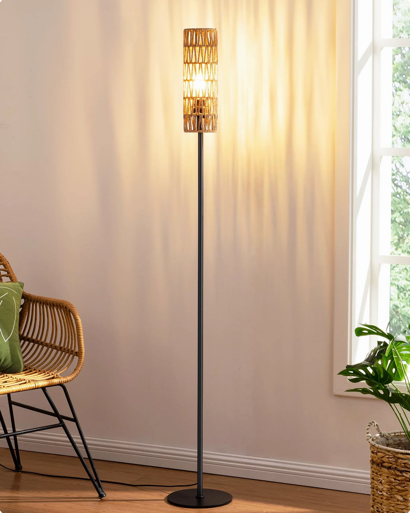 EDISHINE Lampada da Terra con Paralume in Corda Intrecciata, E27 Lampadina LED 2700K Luce Calda Inclusa, Interruttore a Pedale, Lampada da Terra Moderna per Soggiorno, Camera, Ufficio, 165 cm…